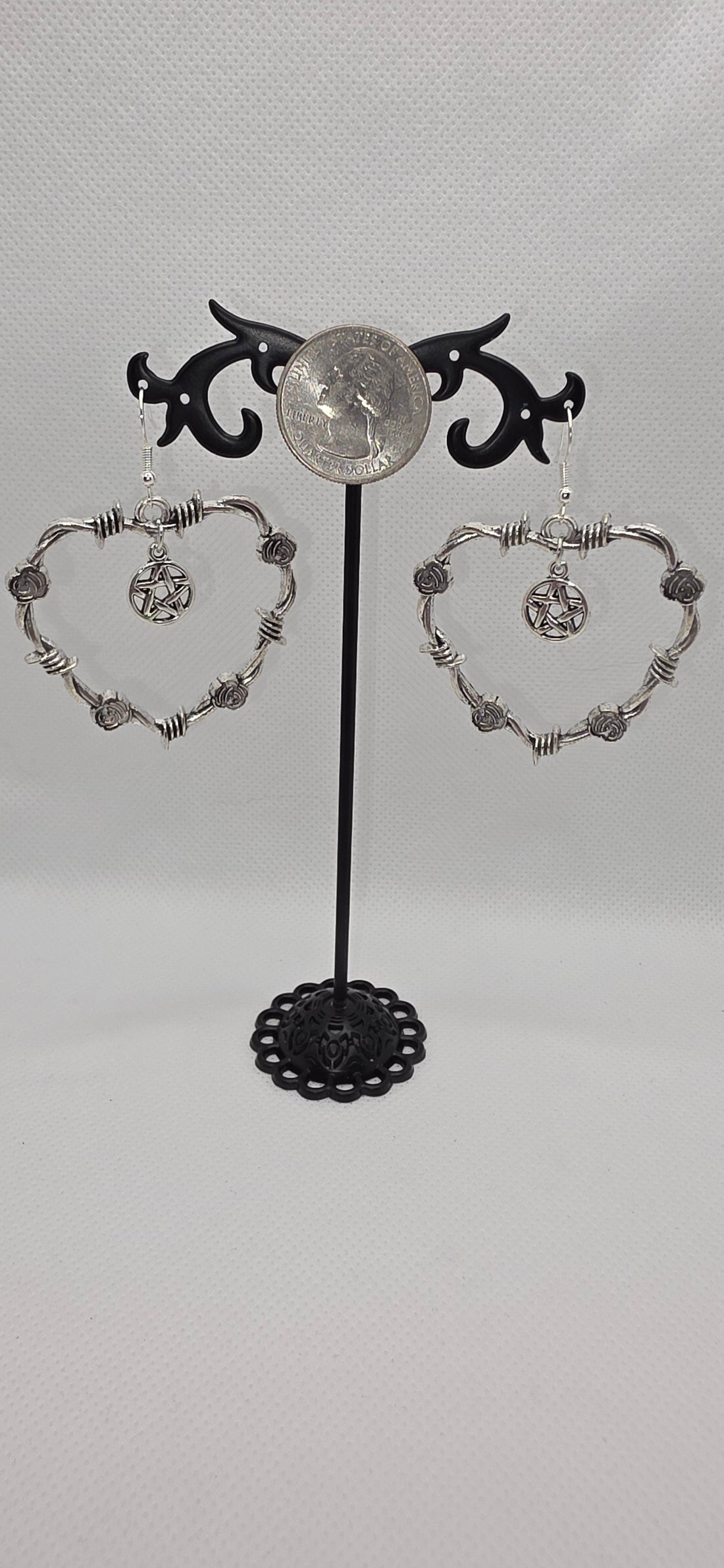 Silver Barbed Wire Heart Earrings or Necklace with Pentagram Core