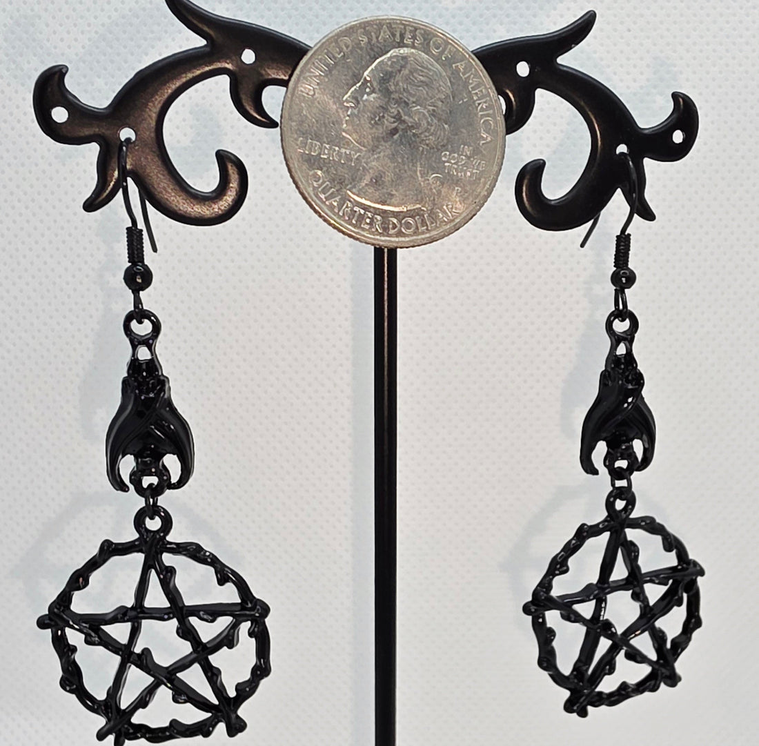 Black Bat &amp; Pentagram Gothic Earrings