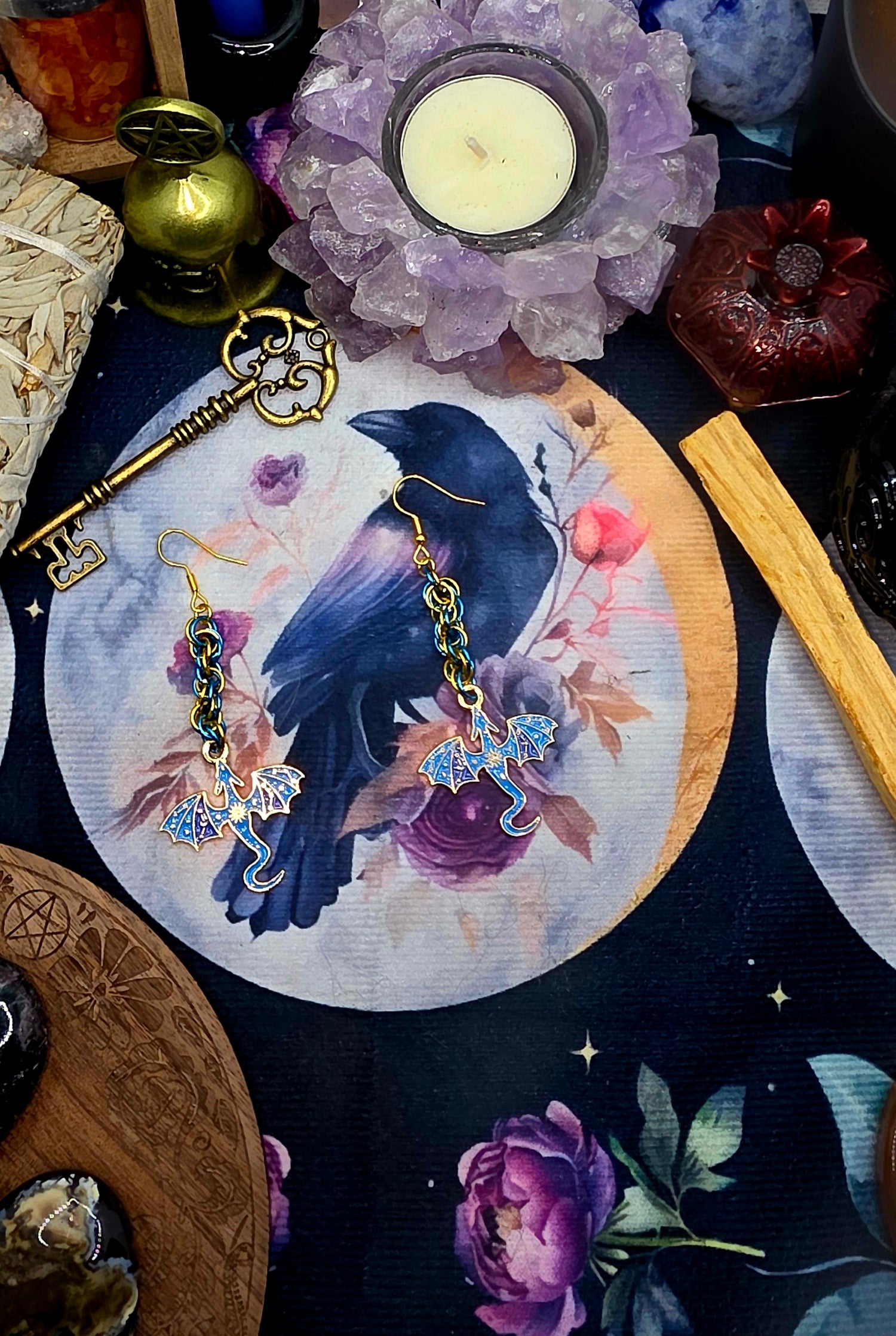 Blue &amp; Gold Dragon Chainmail Earrings