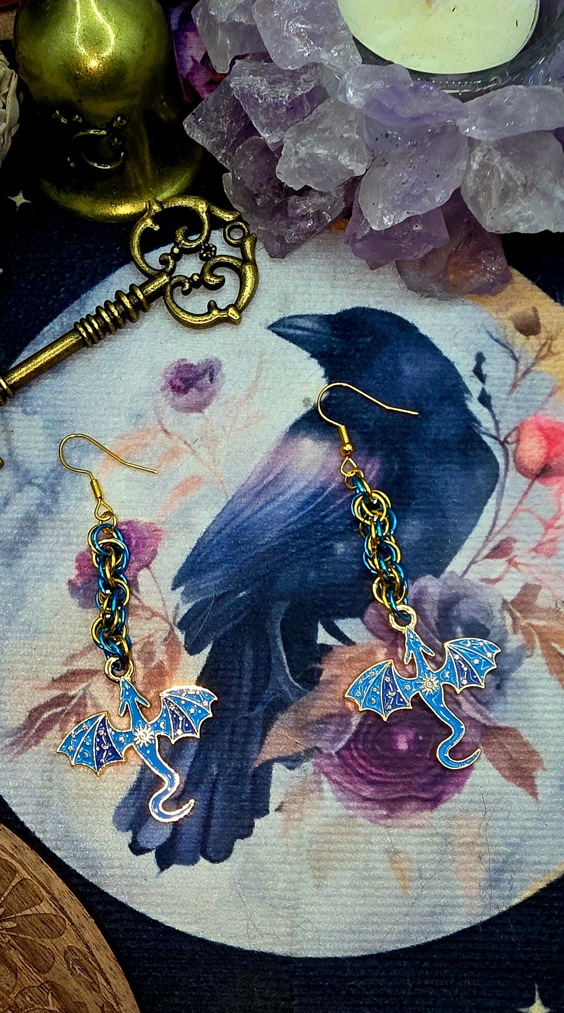 Blue &amp; Gold Dragon Chainmail Earrings