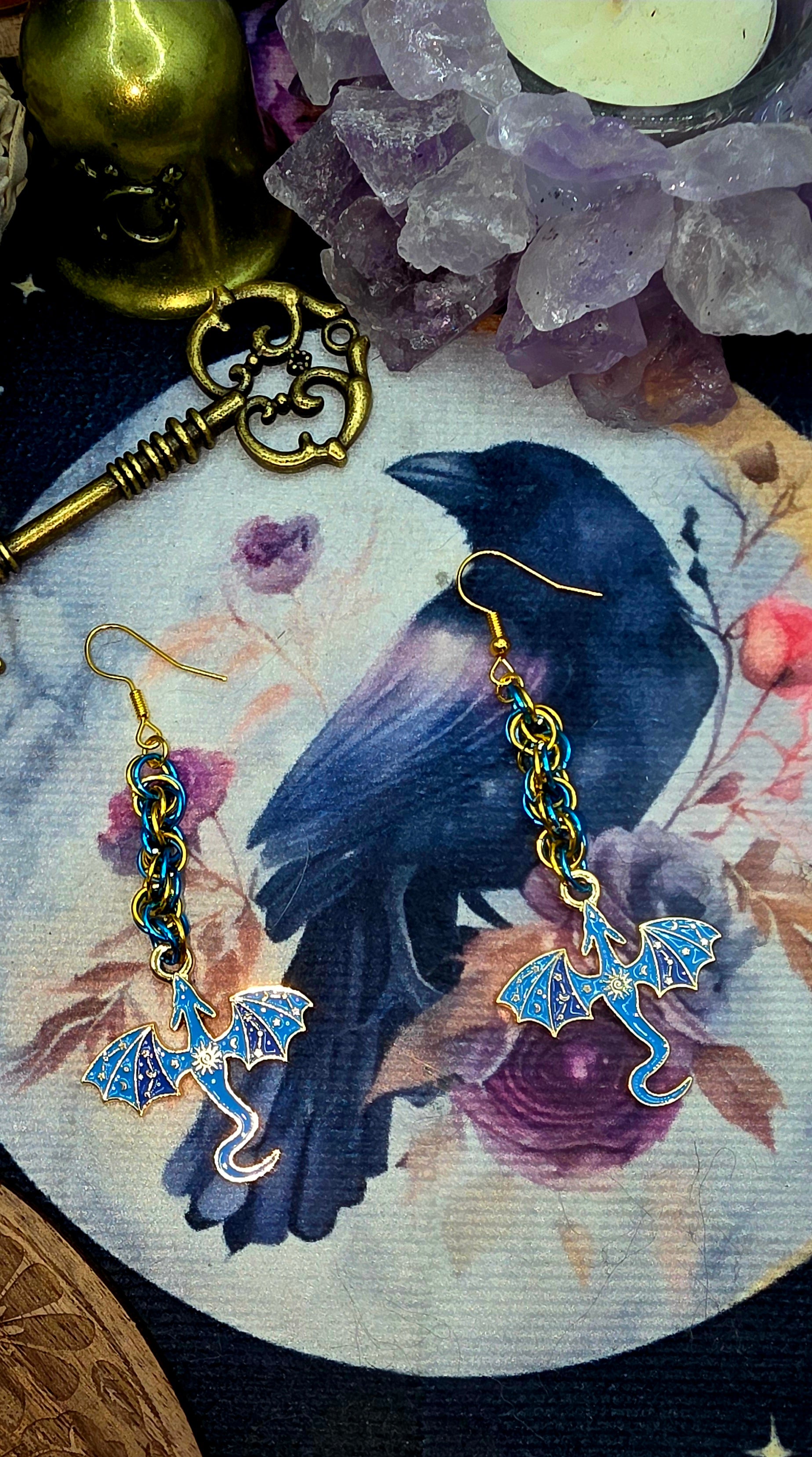 Blue &amp; Gold Dragon Chainmail Earrings