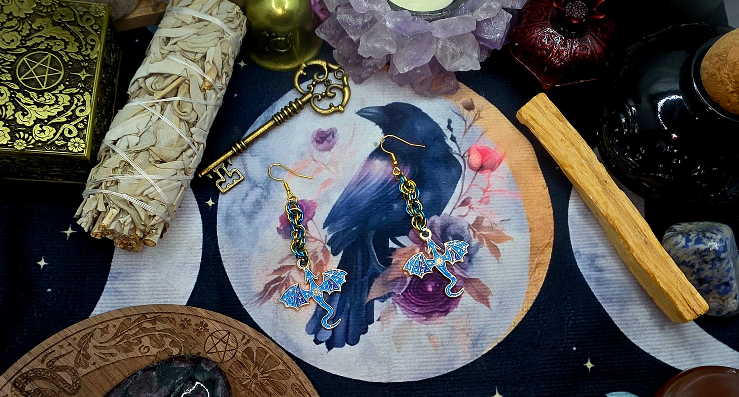 Blue &amp; Gold Dragon Chainmail Earrings