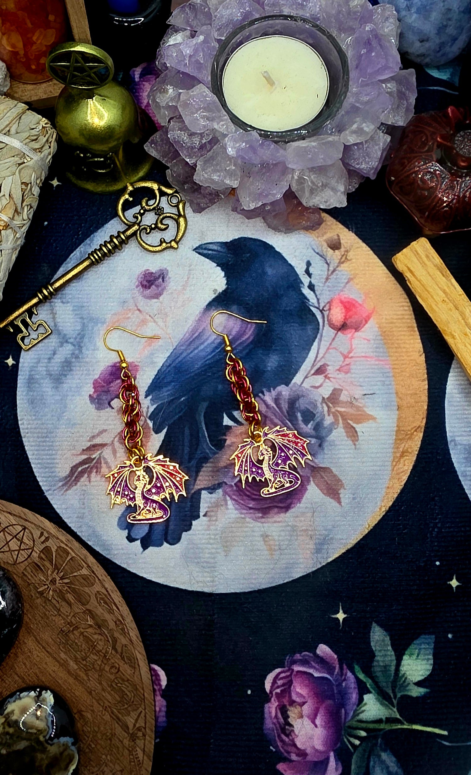 Hot Pink &amp; Gold Chainmail Dragon Earrings