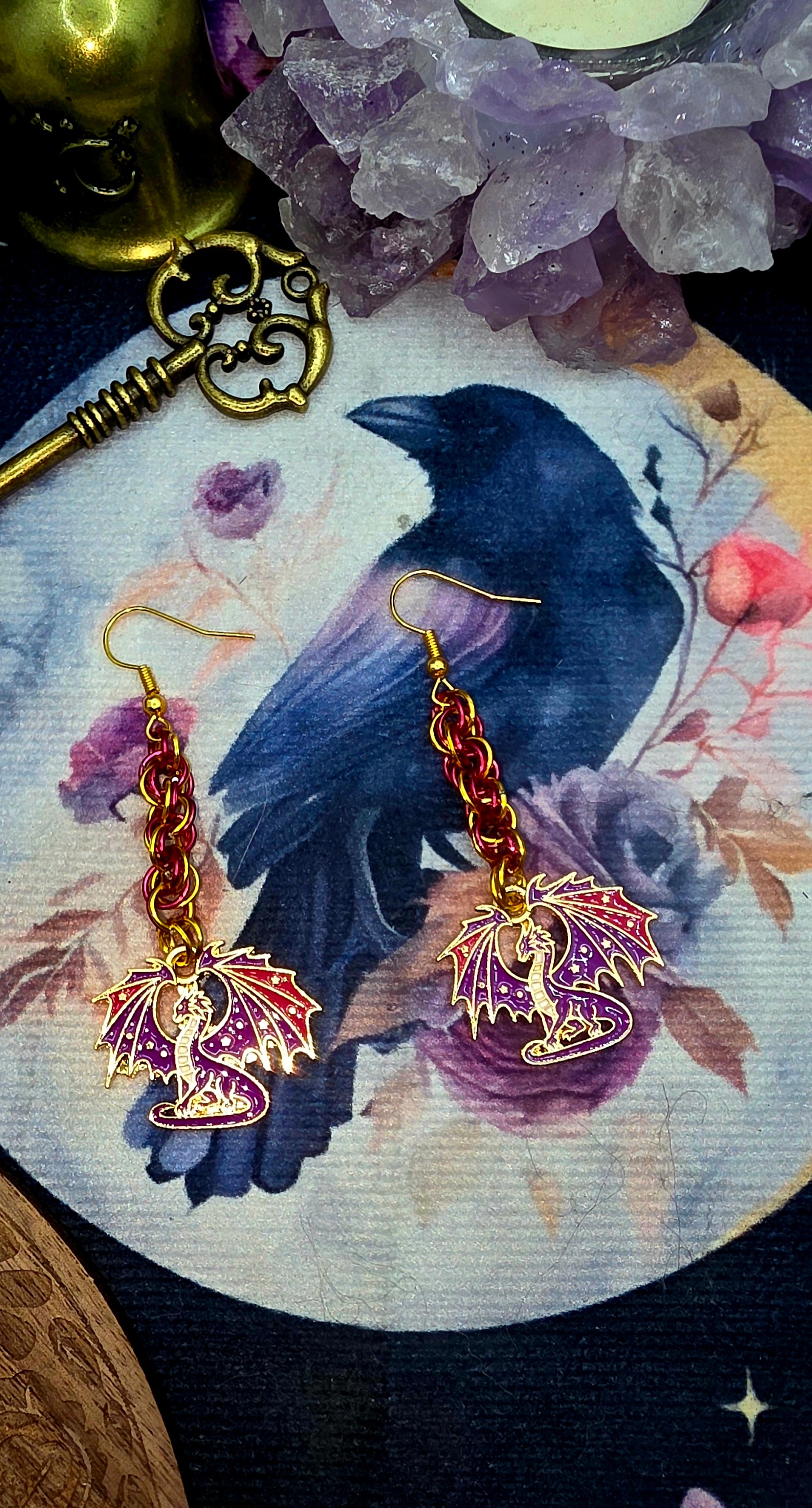 Hot Pink &amp; Gold Chainmail Dragon Earrings