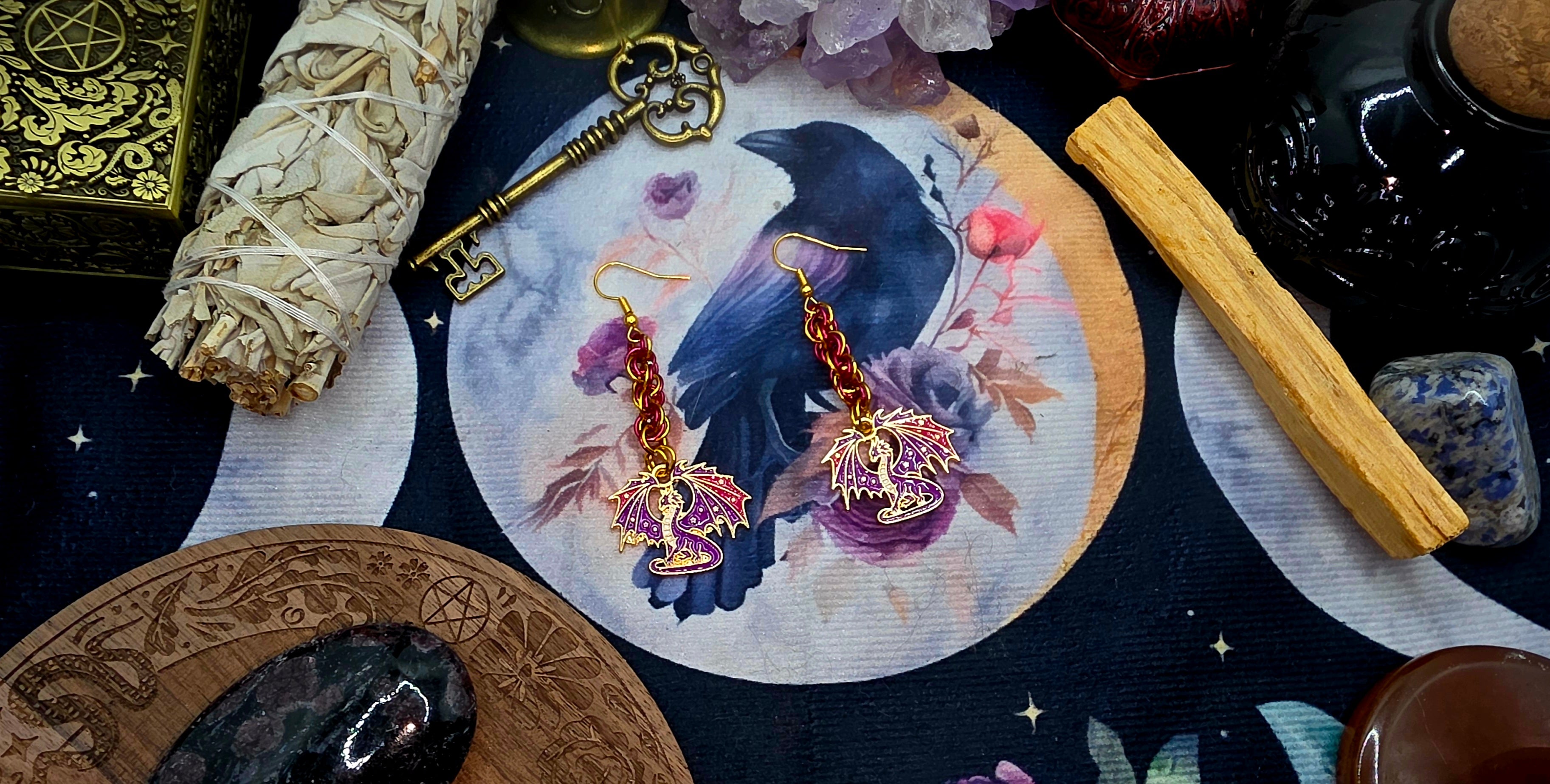 Hot Pink &amp; Gold Chainmail Dragon Earrings