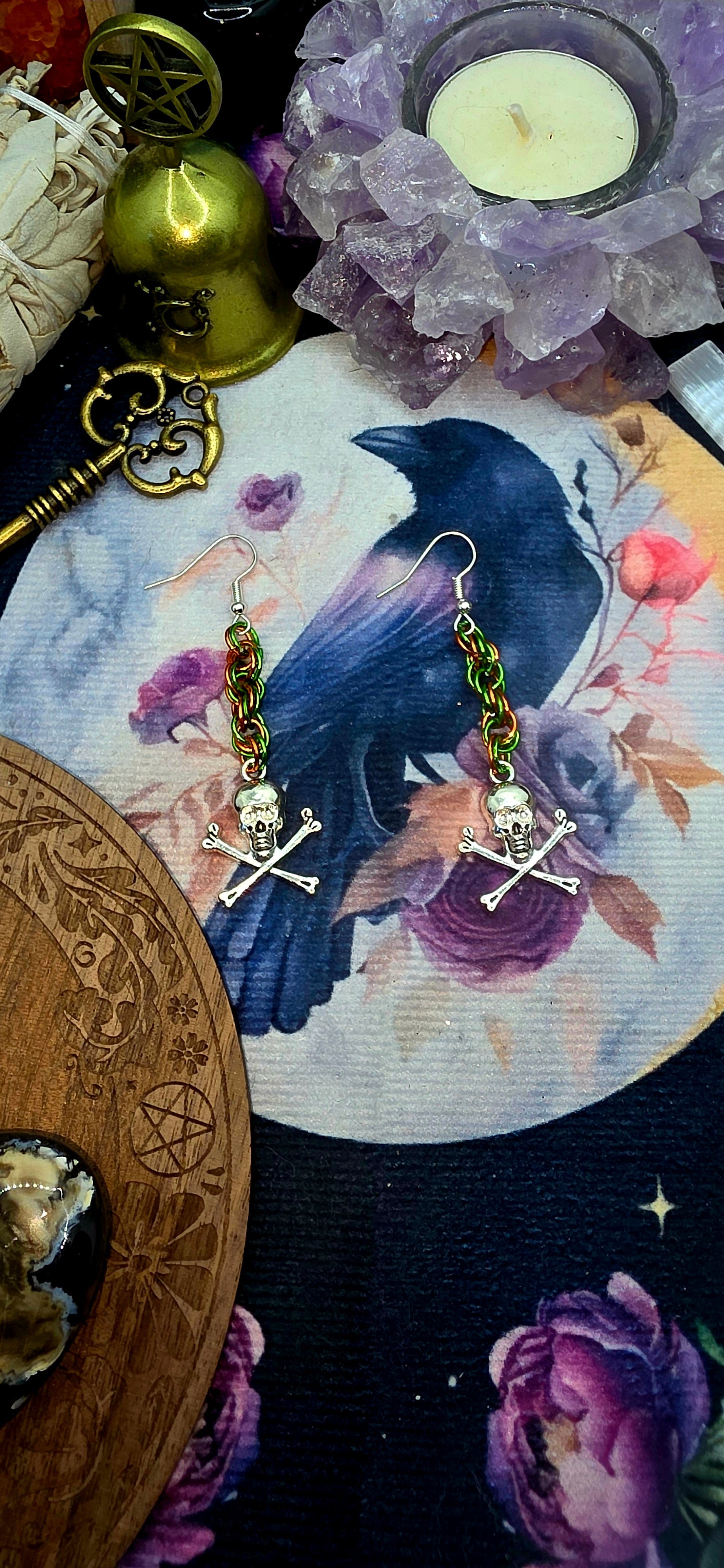 Orange and Green Chainmail Skull Earrings