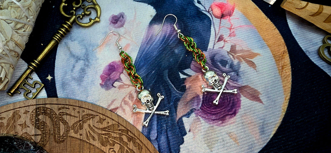 Orange and Green Chainmail Skull Earrings