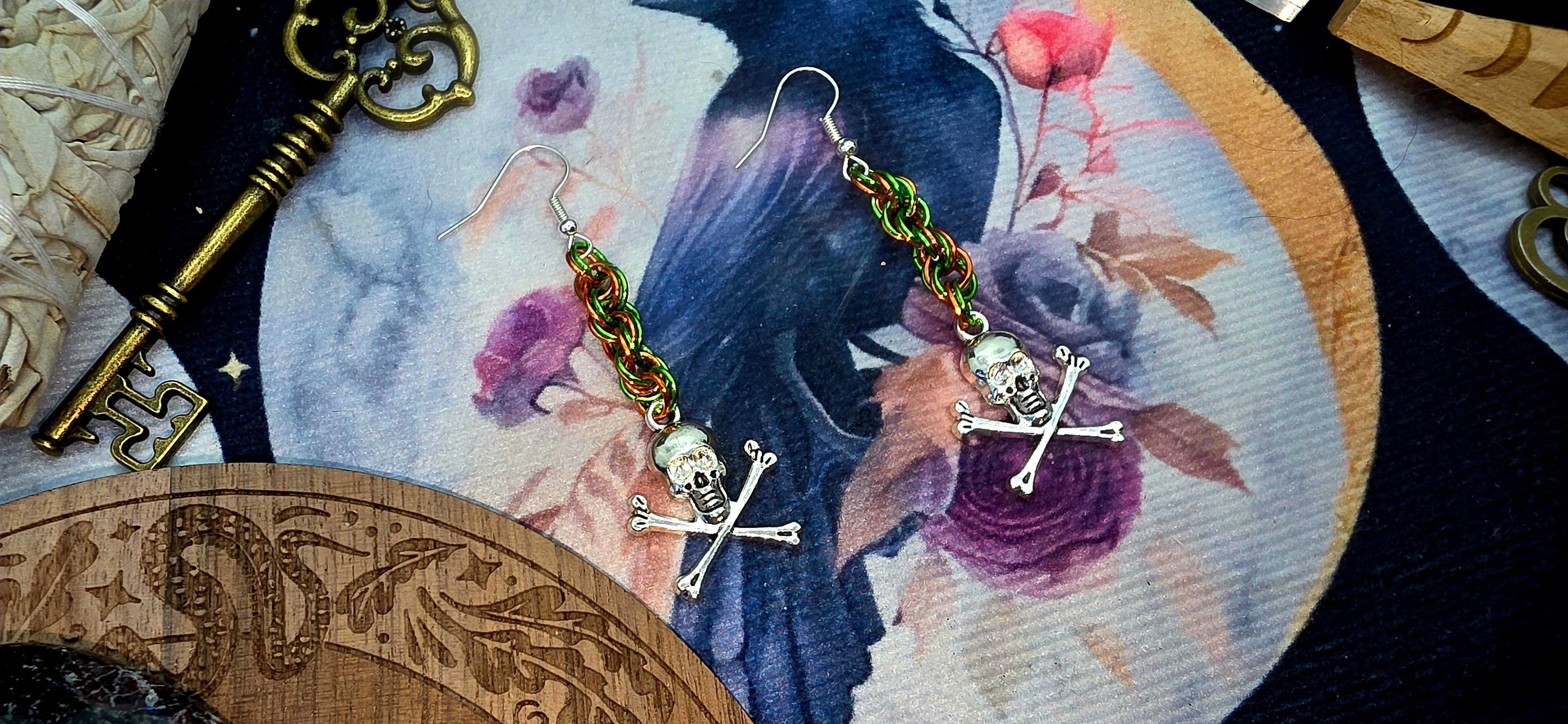 Orange and Green Chainmail Skull Earrings