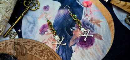 Orange and Green Chainmail Skull Earrings