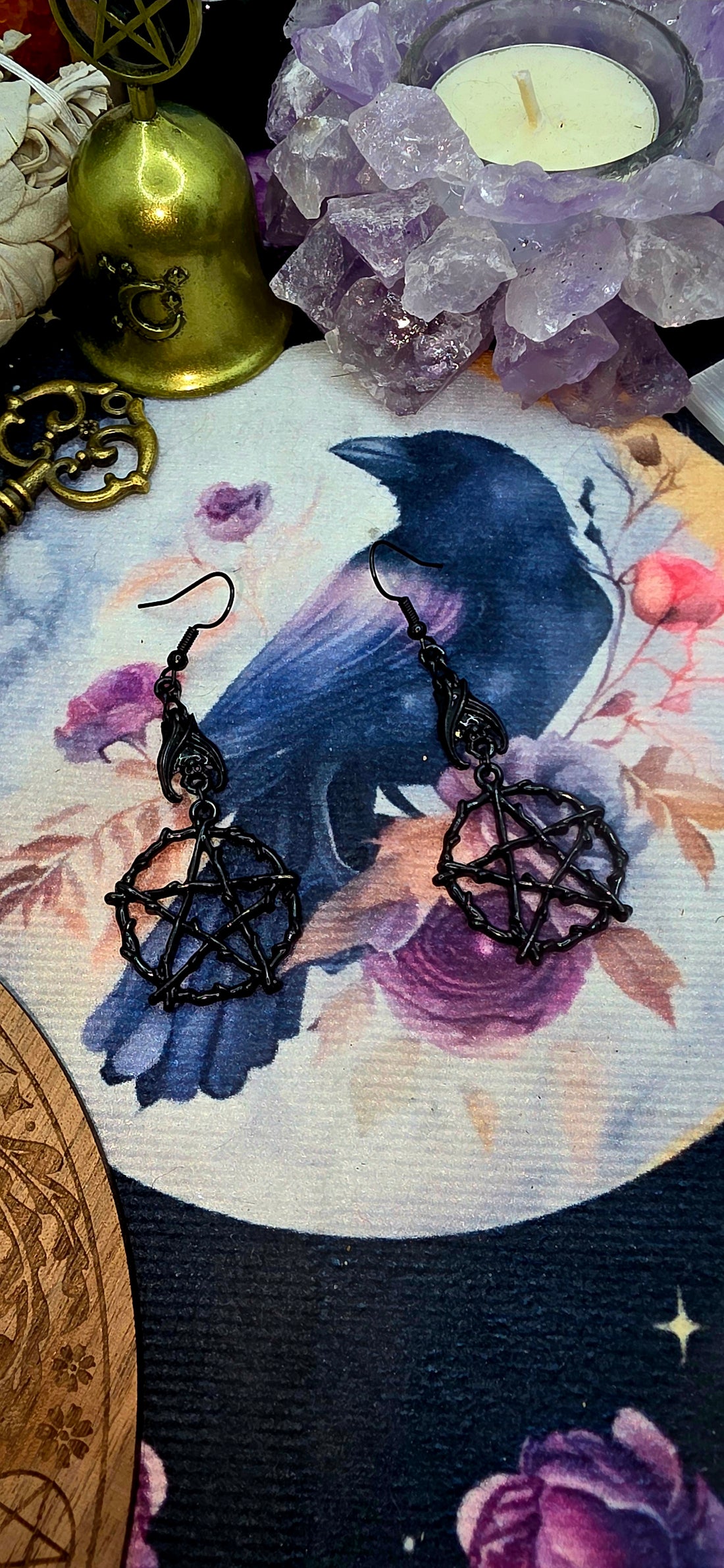 Black Bat &amp; Pentagram Gothic Earrings