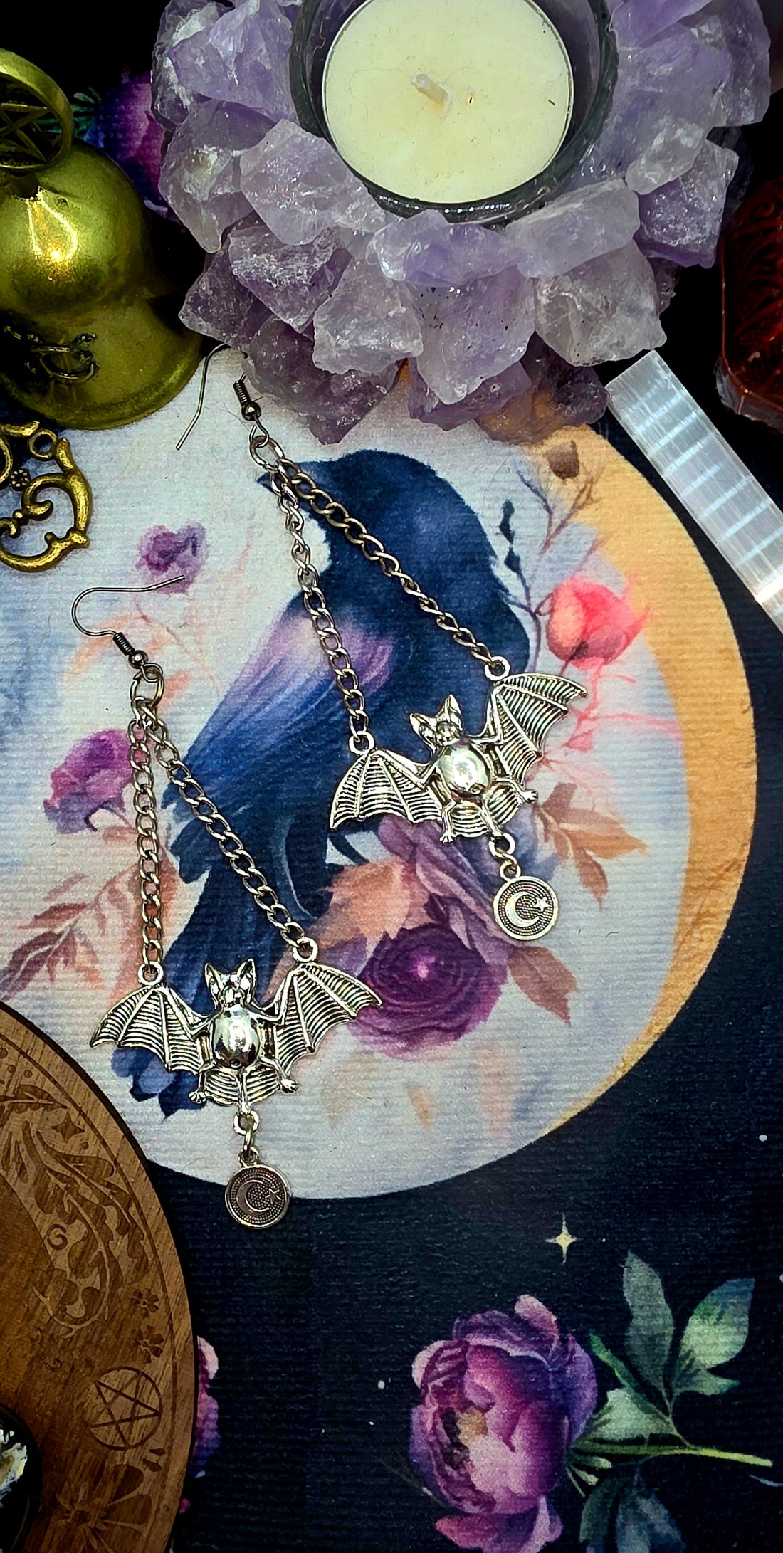 Mystical Silver Bat Earrings with Chain