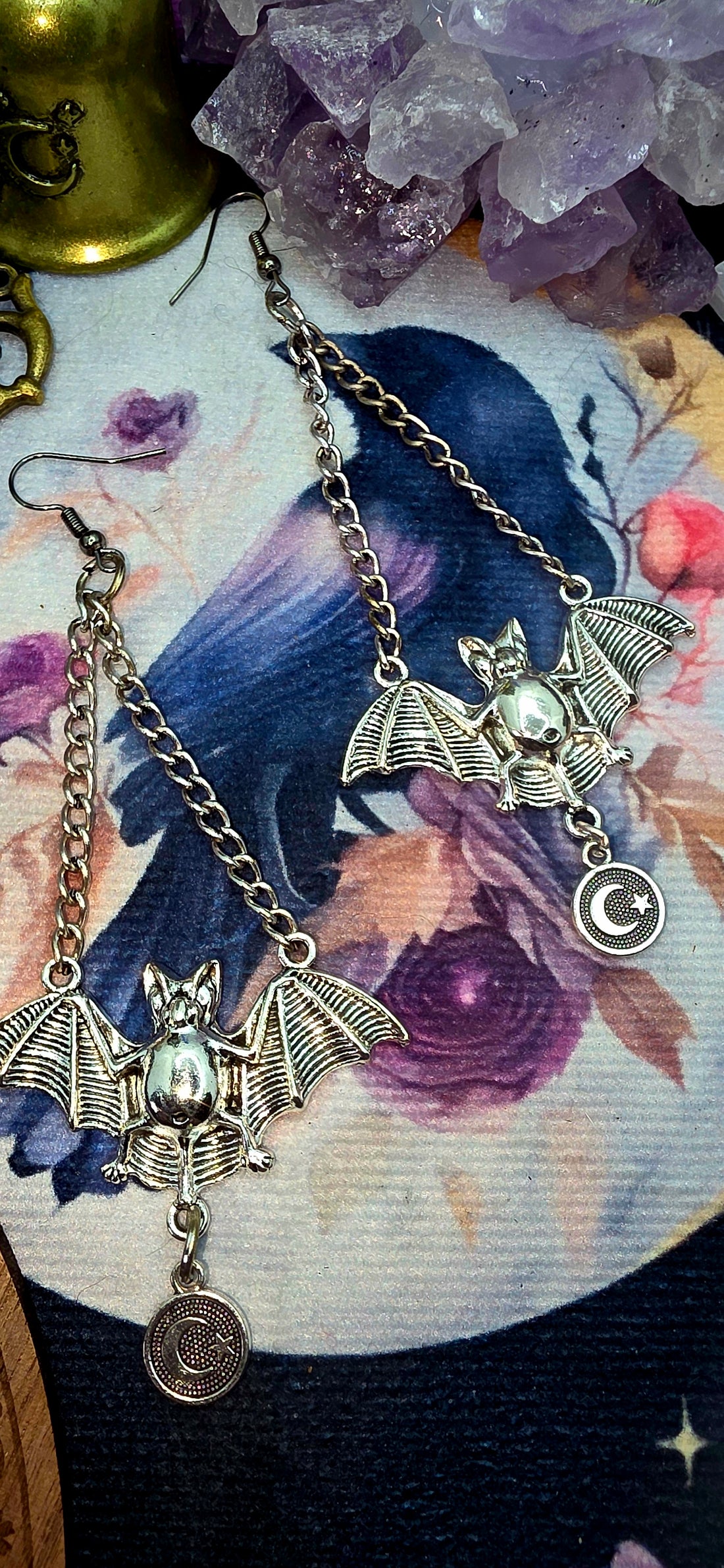 Mystical Silver Bat Earrings with Chain