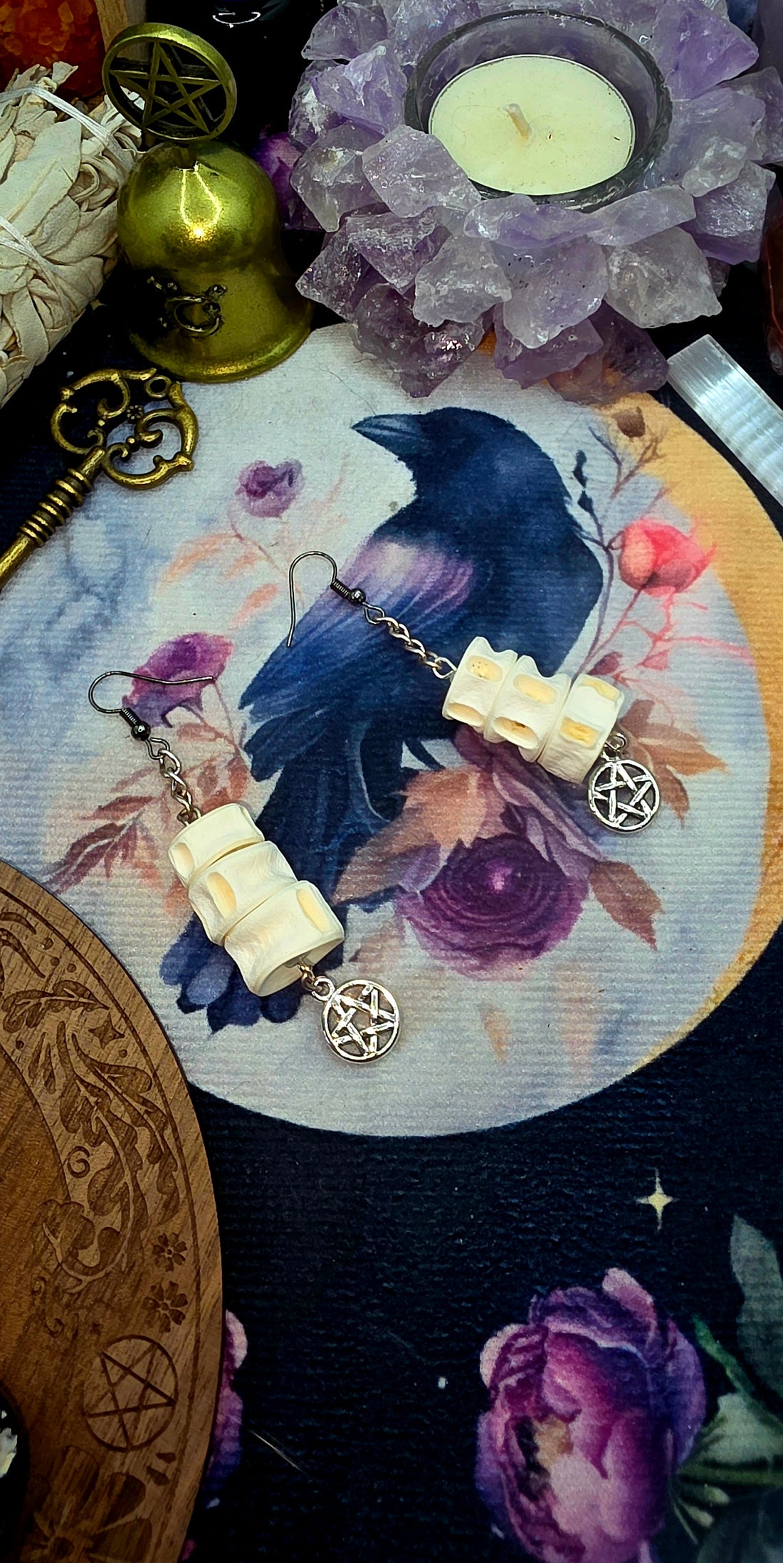 Mystical Fish Bone &amp; Silver Pentagram Earrings