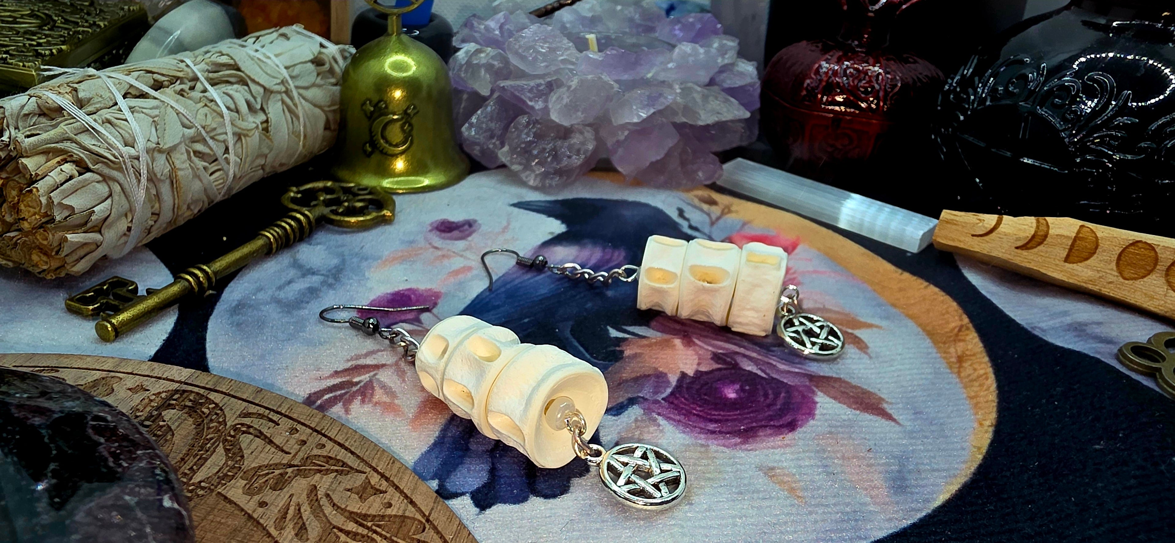 Mystical Fish Bone &amp; Silver Pentagram Earrings