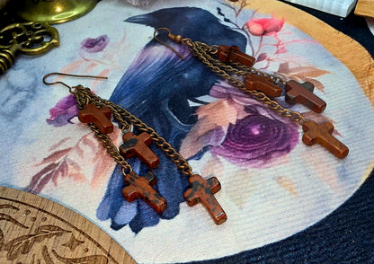 Bronze Chain Tassels with Red Jasper Crosses