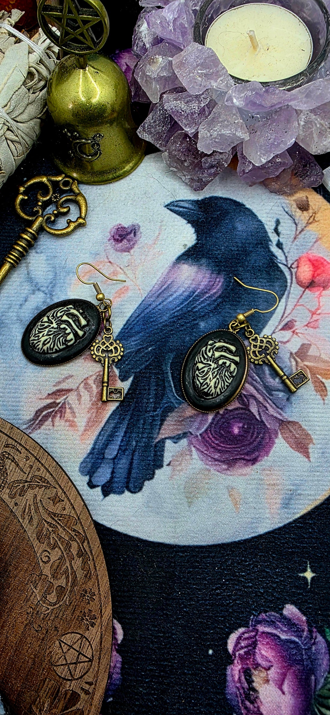 Gothic Cameo Heart and Key Earrings