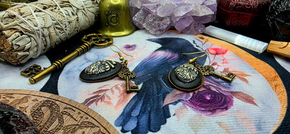 Gothic Cameo Heart and Key Earrings