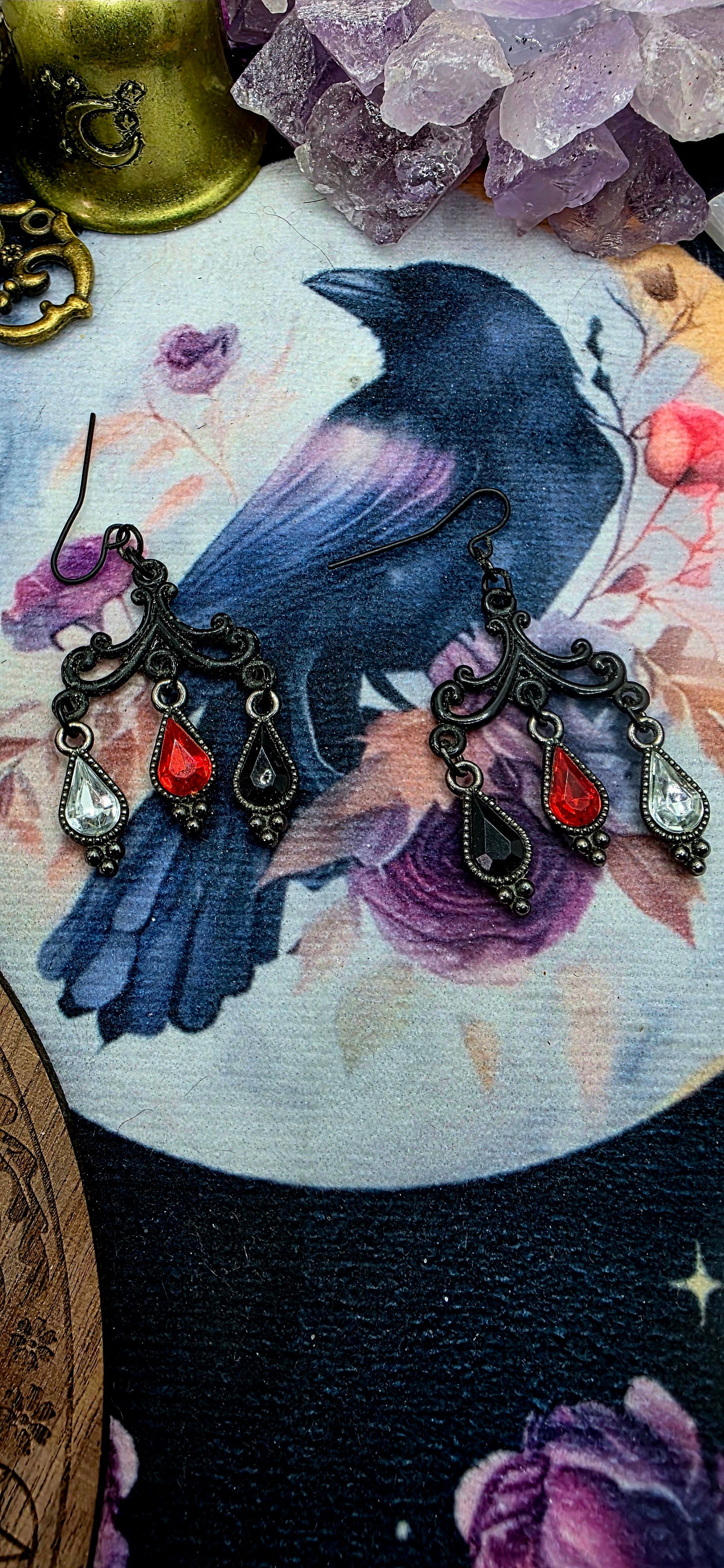 Glamour Noir Chandelier Earrings with Garnet &amp; Black Drops