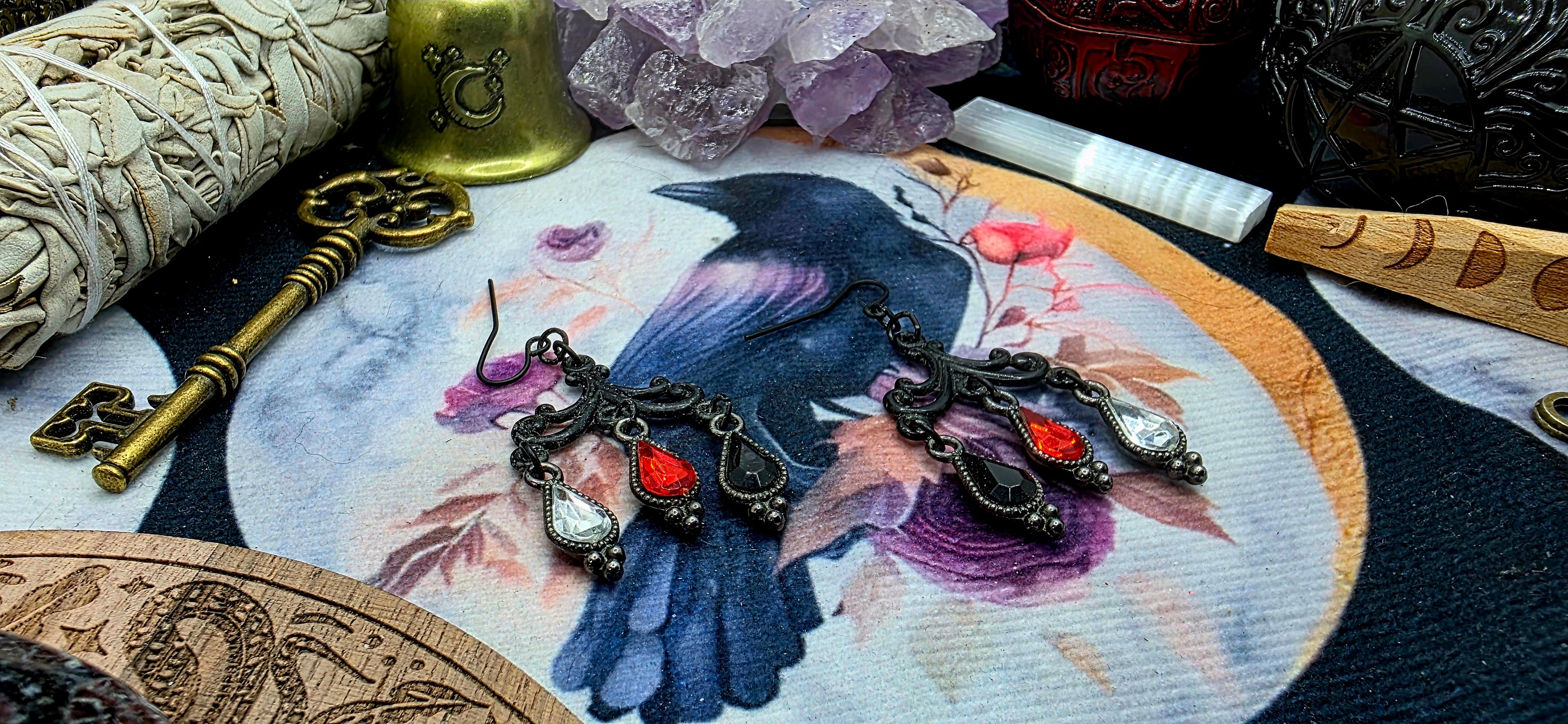 Glamour Noir Chandelier Earrings with Garnet &amp; Black Drops