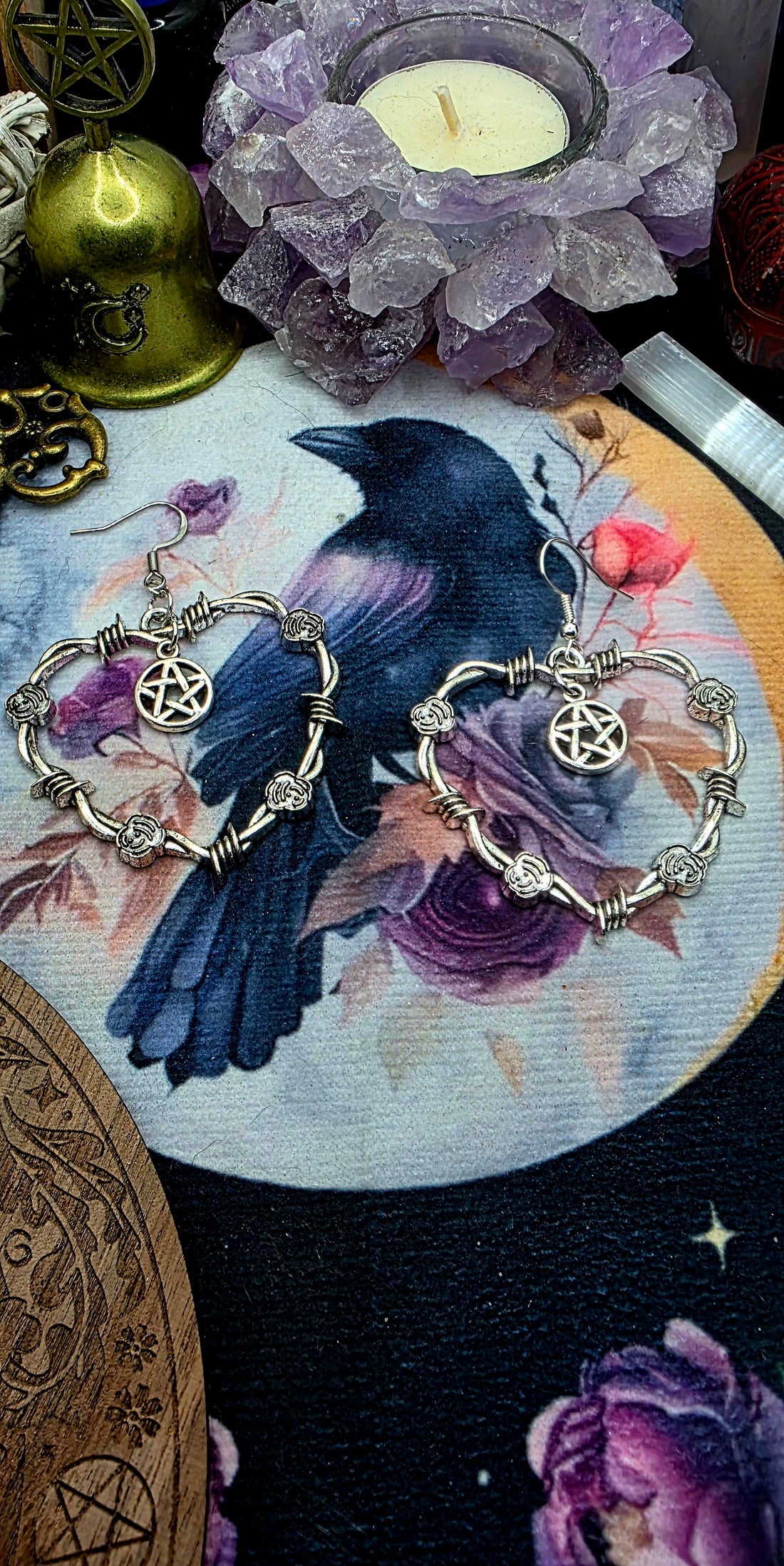 Silver Barbed Wire Heart Earrings or Necklace with Pentagram Core