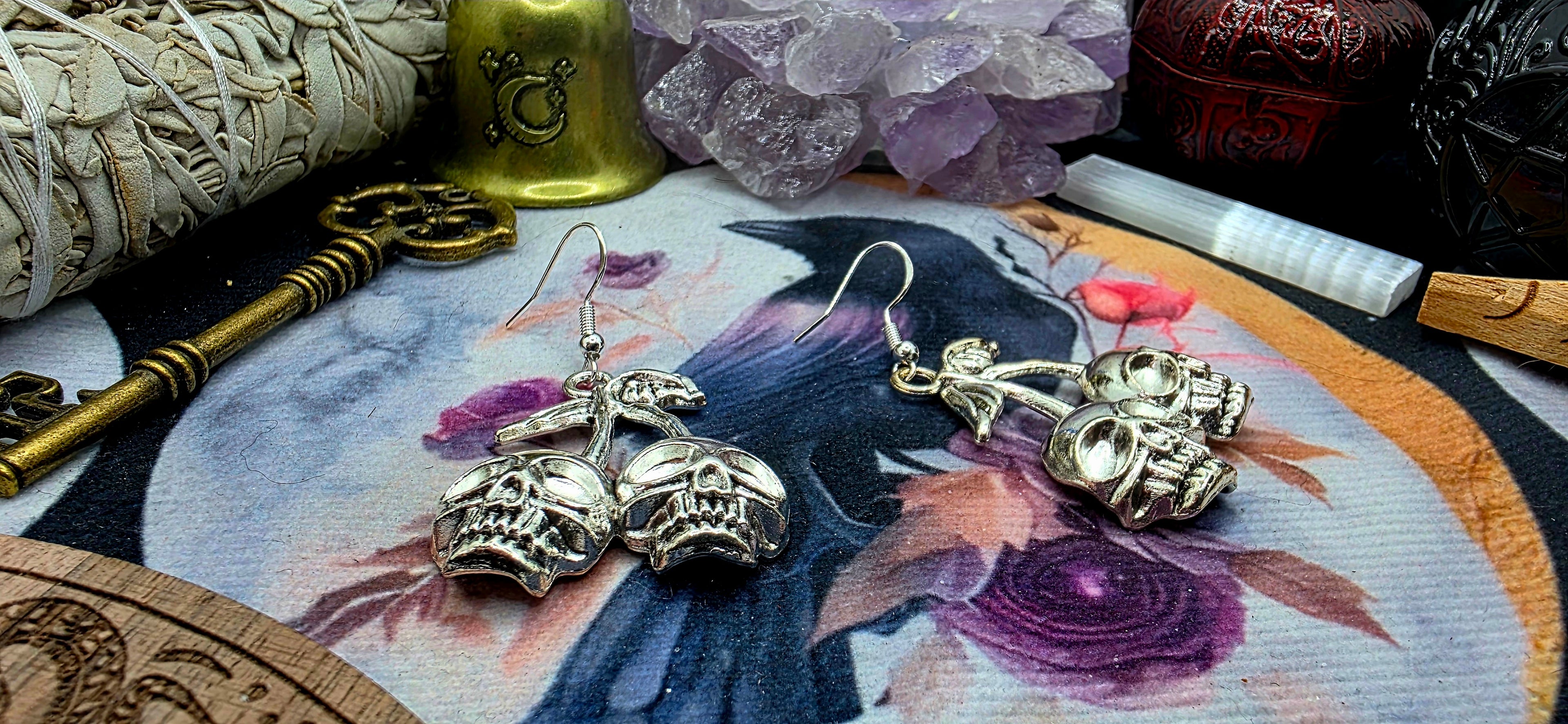 Gothic Cherry Skull Earrings