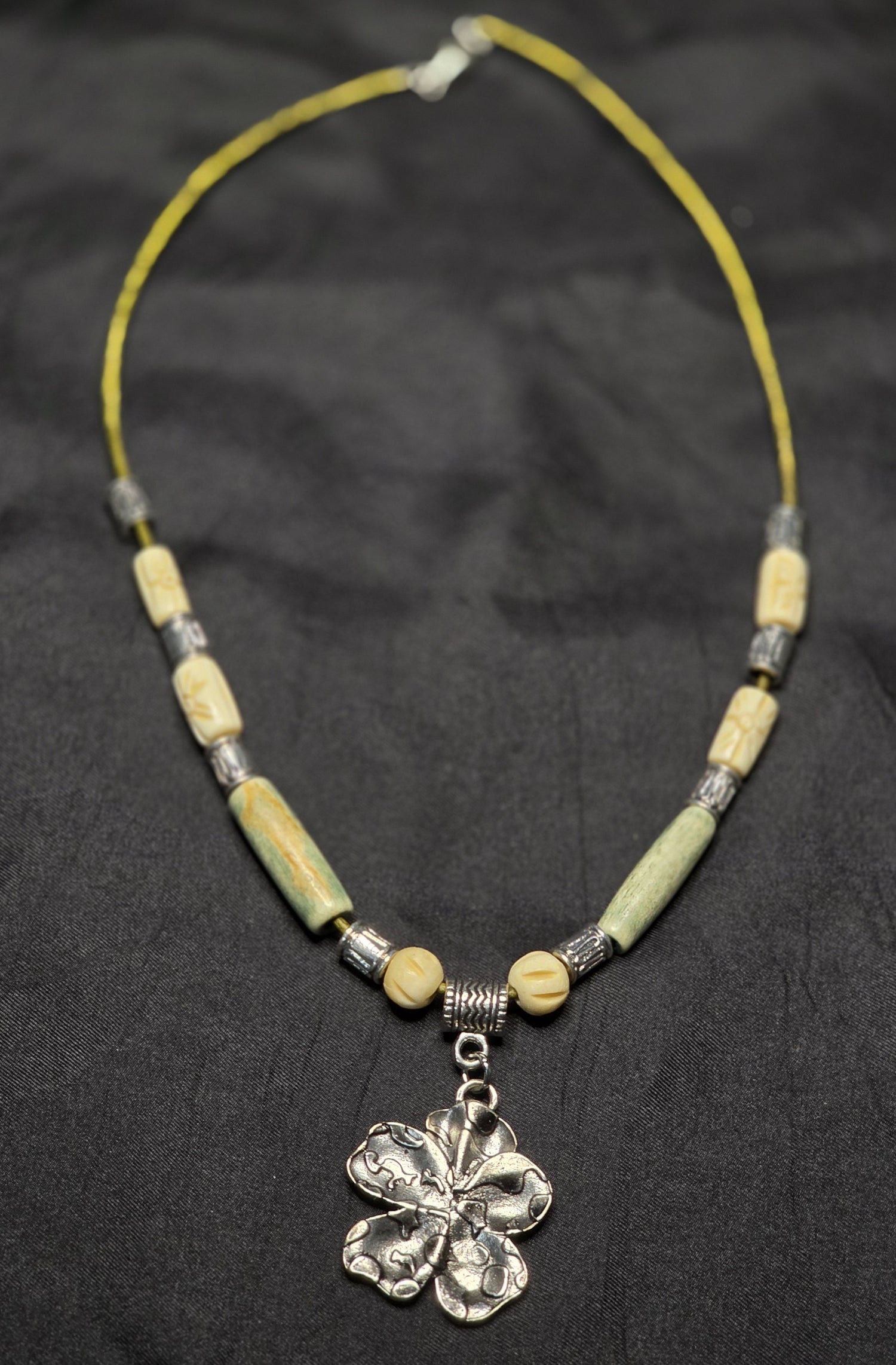 Clover with Bone and Metal Beads on Green Leather Necklace