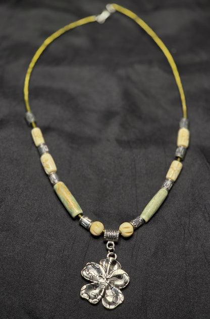 Clover with Bone and Metal Beads on Green Leather Necklace