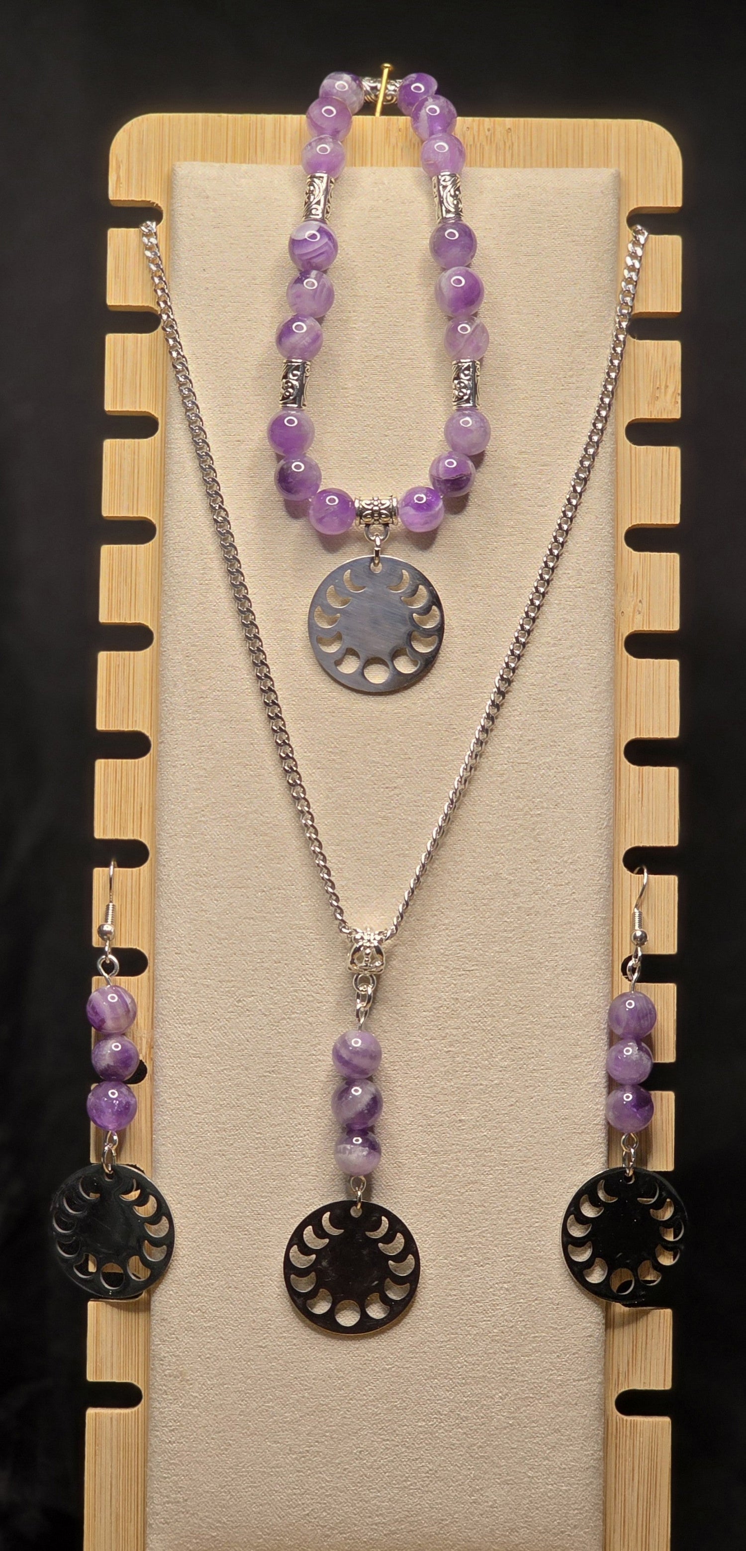 Moon Phase Chevron Amethyst Jewelry Set (Necklace, Bracelet, and Earrings