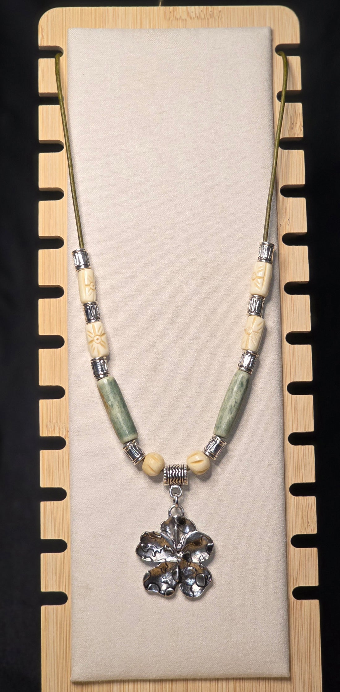 Clover with Bone and Metal Beads on Green Leather Necklace