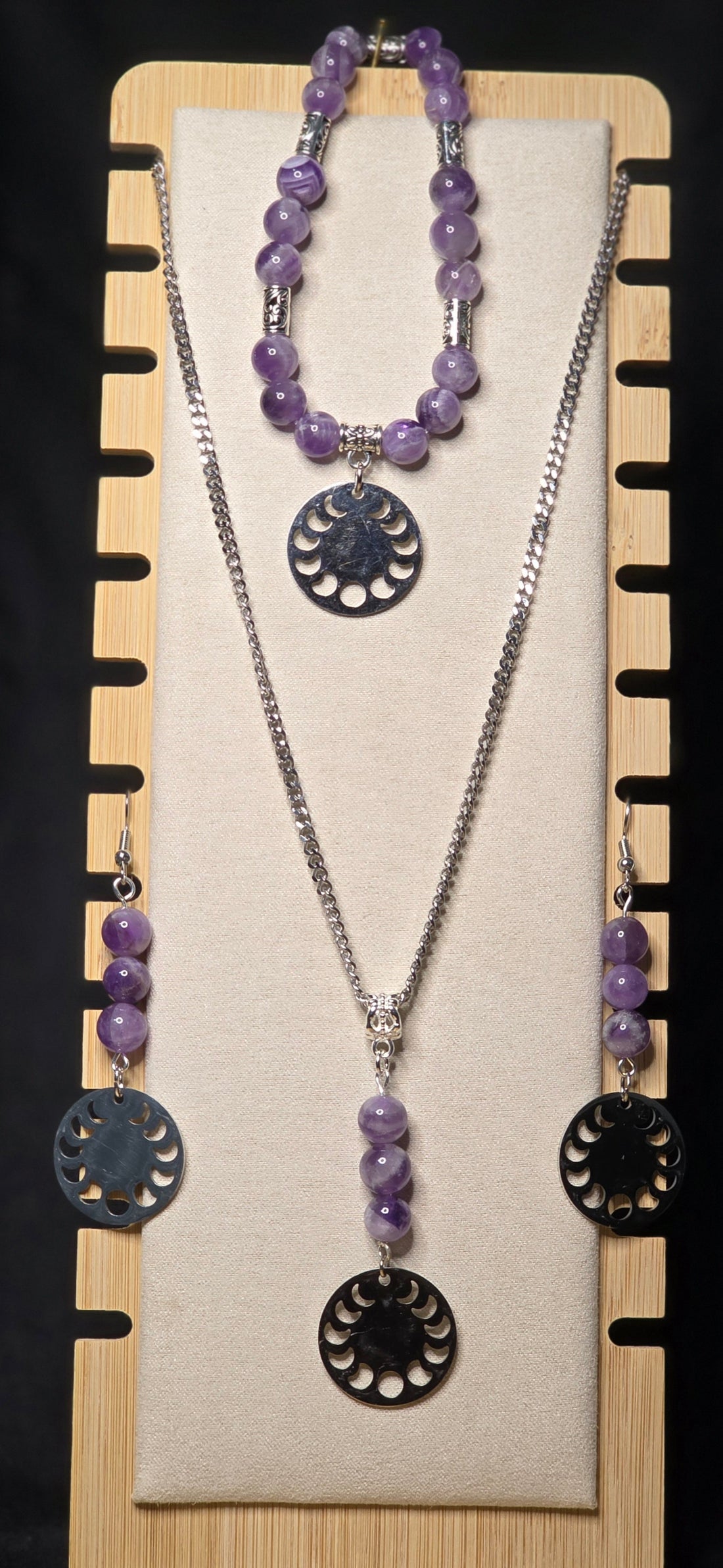 Moon Phase Chevron Amethyst Jewelry Set (Necklace, Bracelet, and Earrings