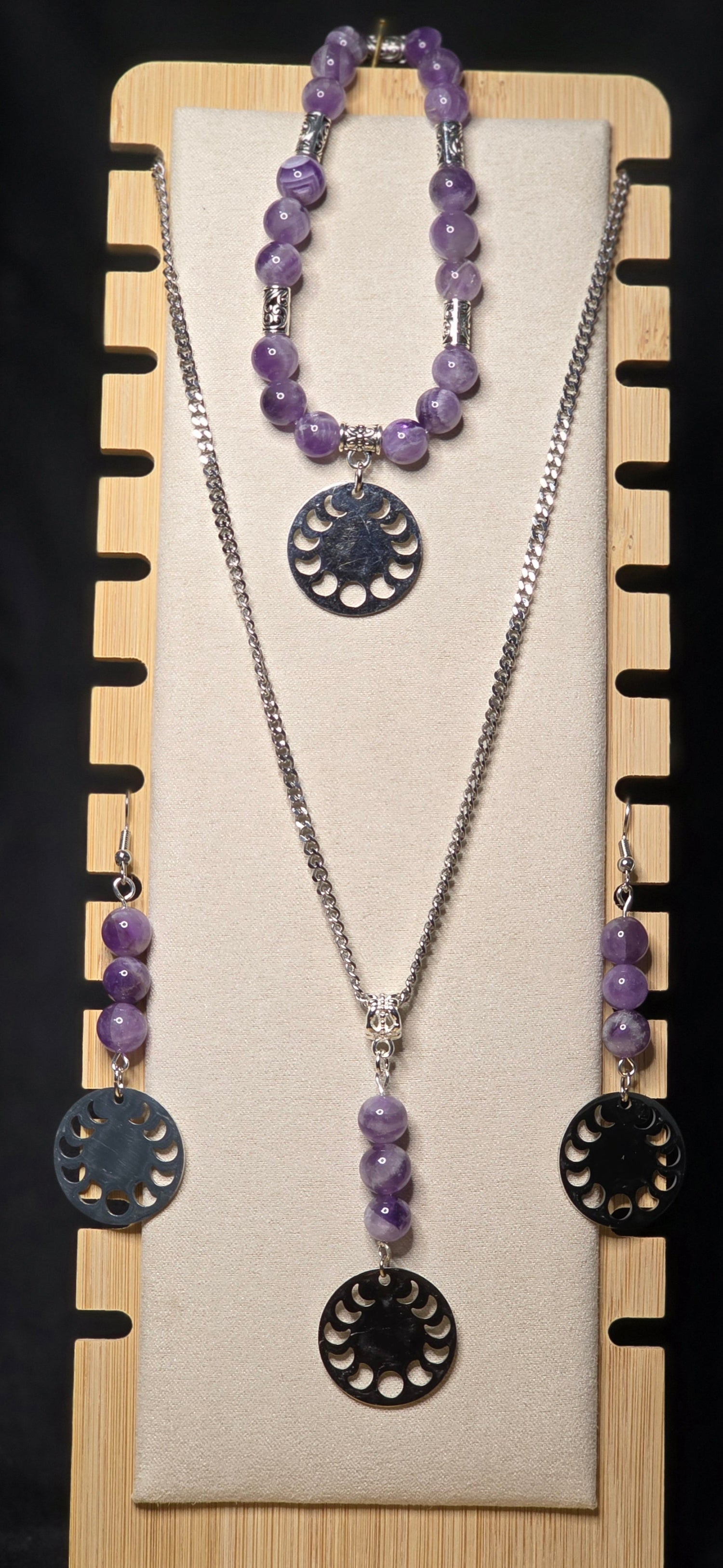 Moon Phase Chevron Amethyst Jewelry Set (Necklace, Bracelet, and Earrings