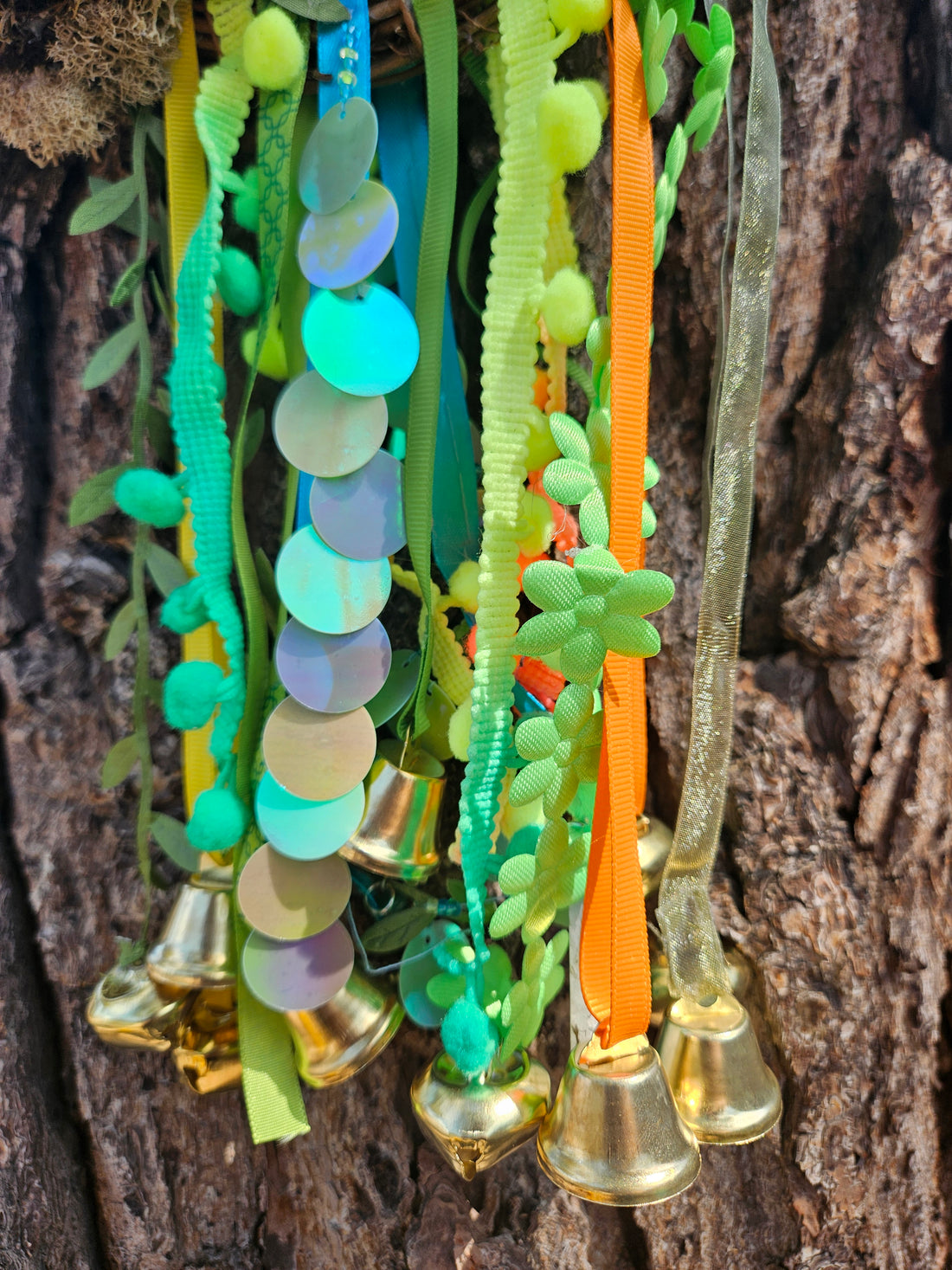 Handmade Witch Bells with Gemstone Eggs, Nature Wreath Charm, Cottagecore Door Hanger