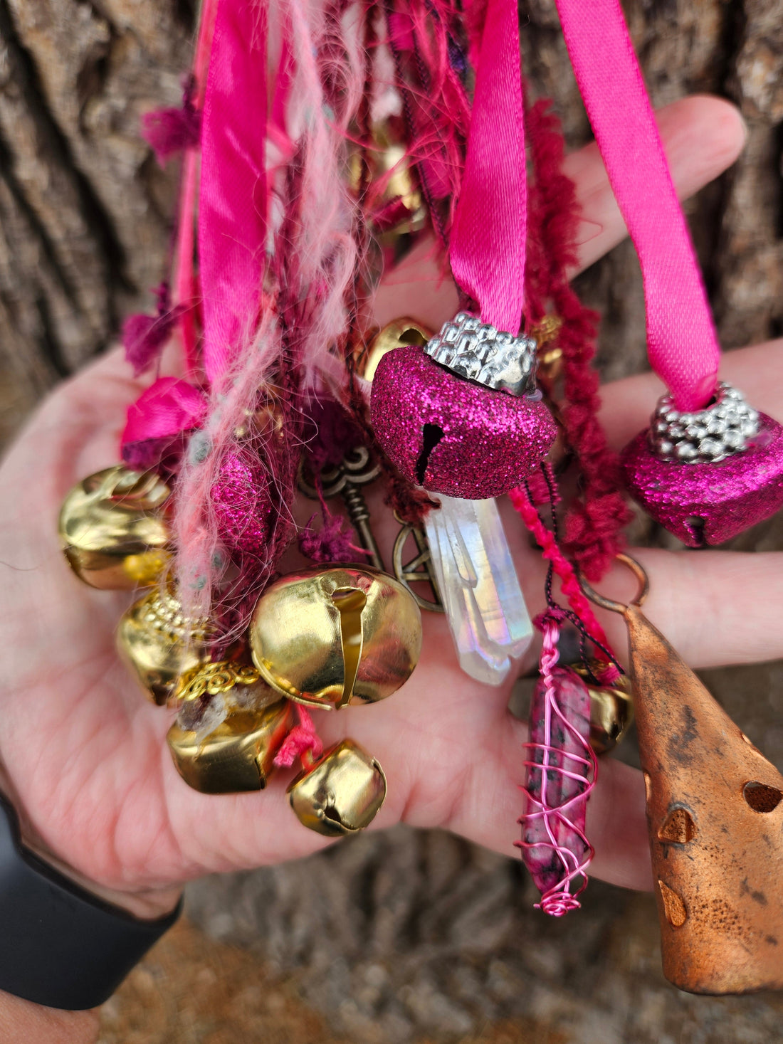 Pink Witch Bells • Protection Charm • Door Hanger • Home Blessing Decor • Handmade Boho Witchcraft Ornament • Good Energy House Gift