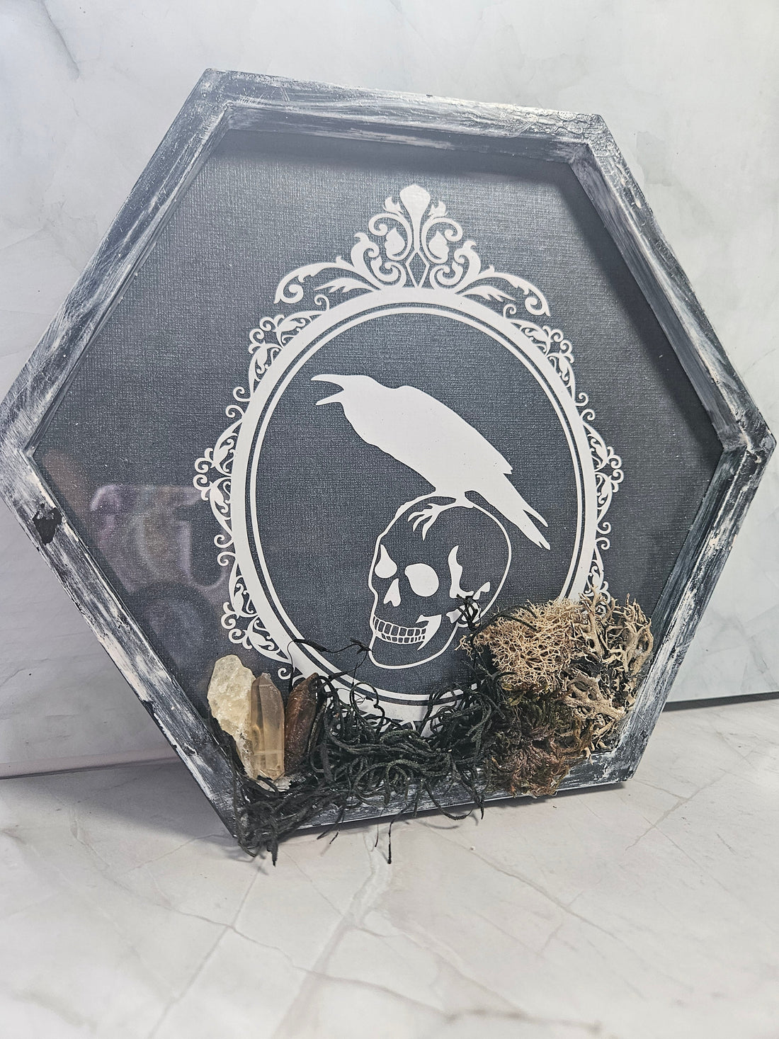 Wall Hanging: Gothic Skull, Clear Quartz, Smoky Quartz, Tiger&