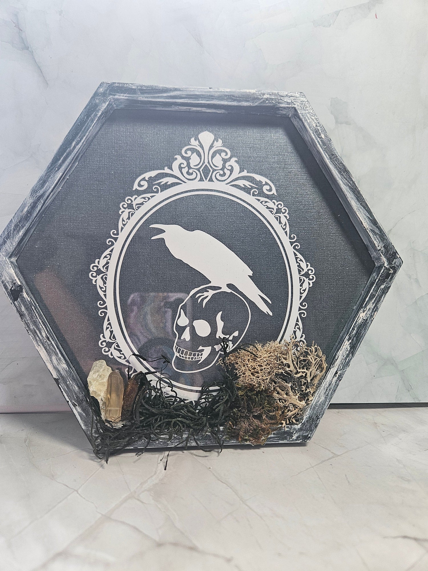 Wall Hanging: Gothic Skull, Clear Quartz, Smoky Quartz, Tiger&