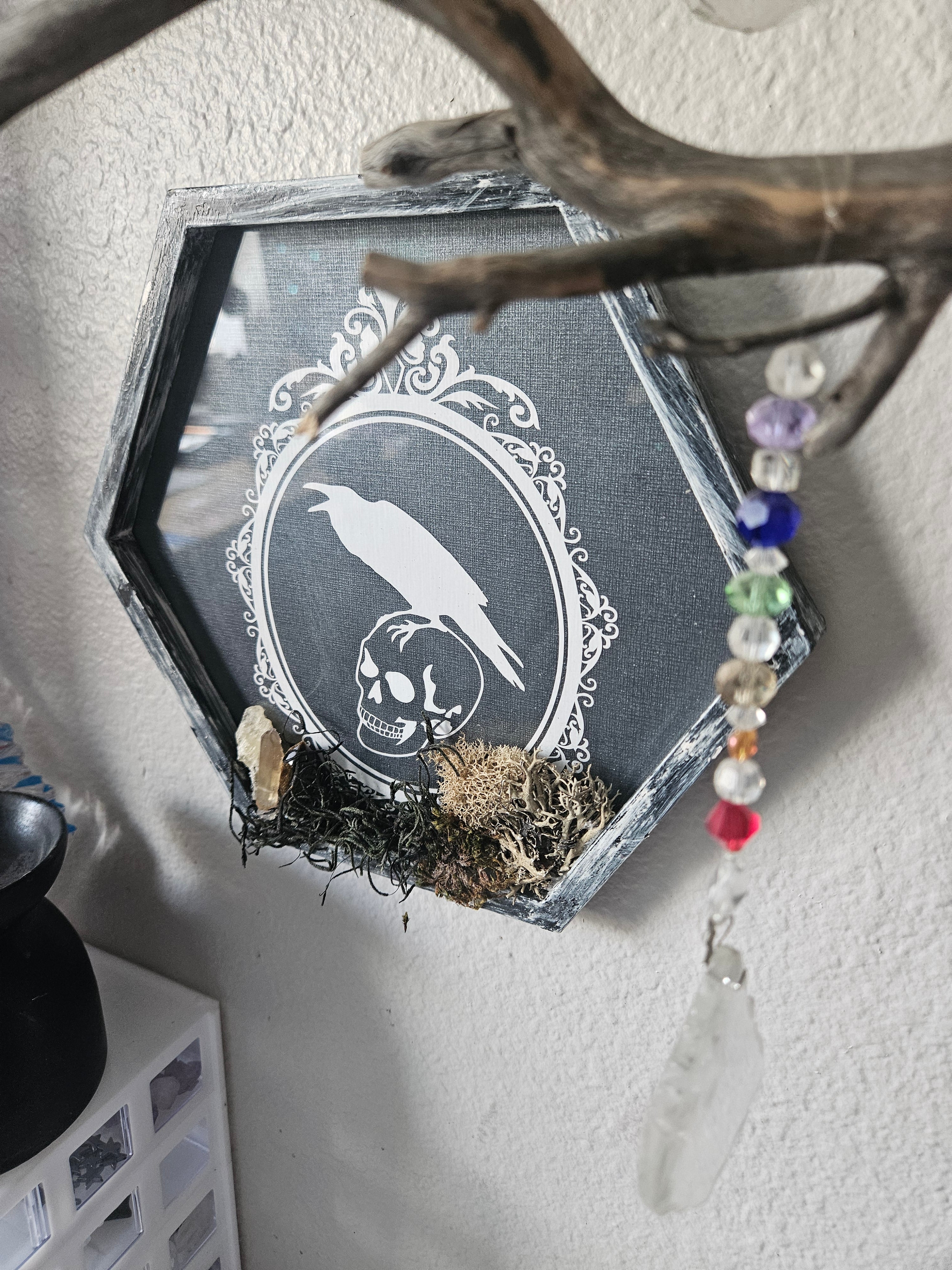 Wall Hanging: Gothic Skull, Clear Quartz, Smoky Quartz, Tiger&