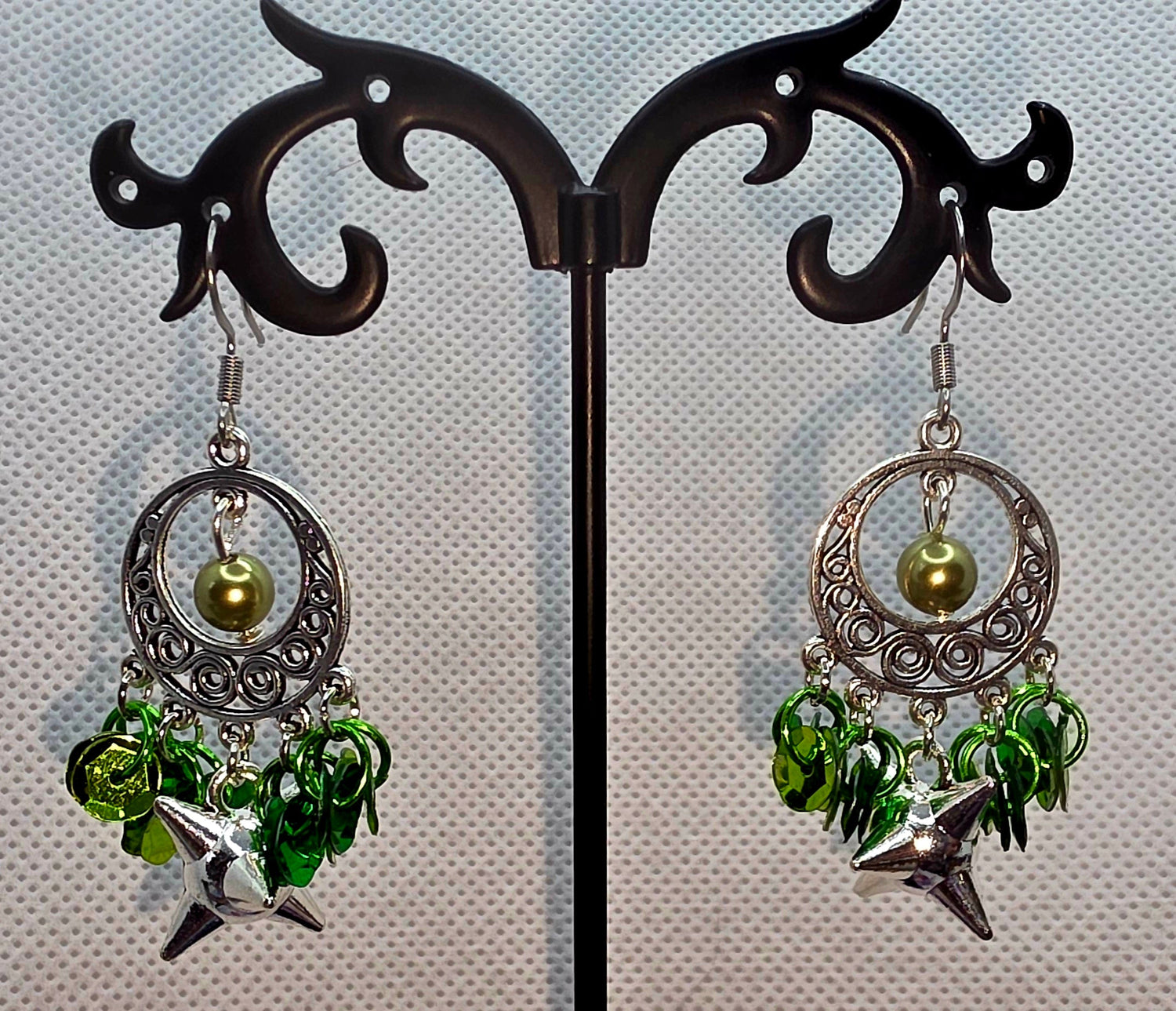 Divine Elegance Green Sequin &amp; Silver Earrings