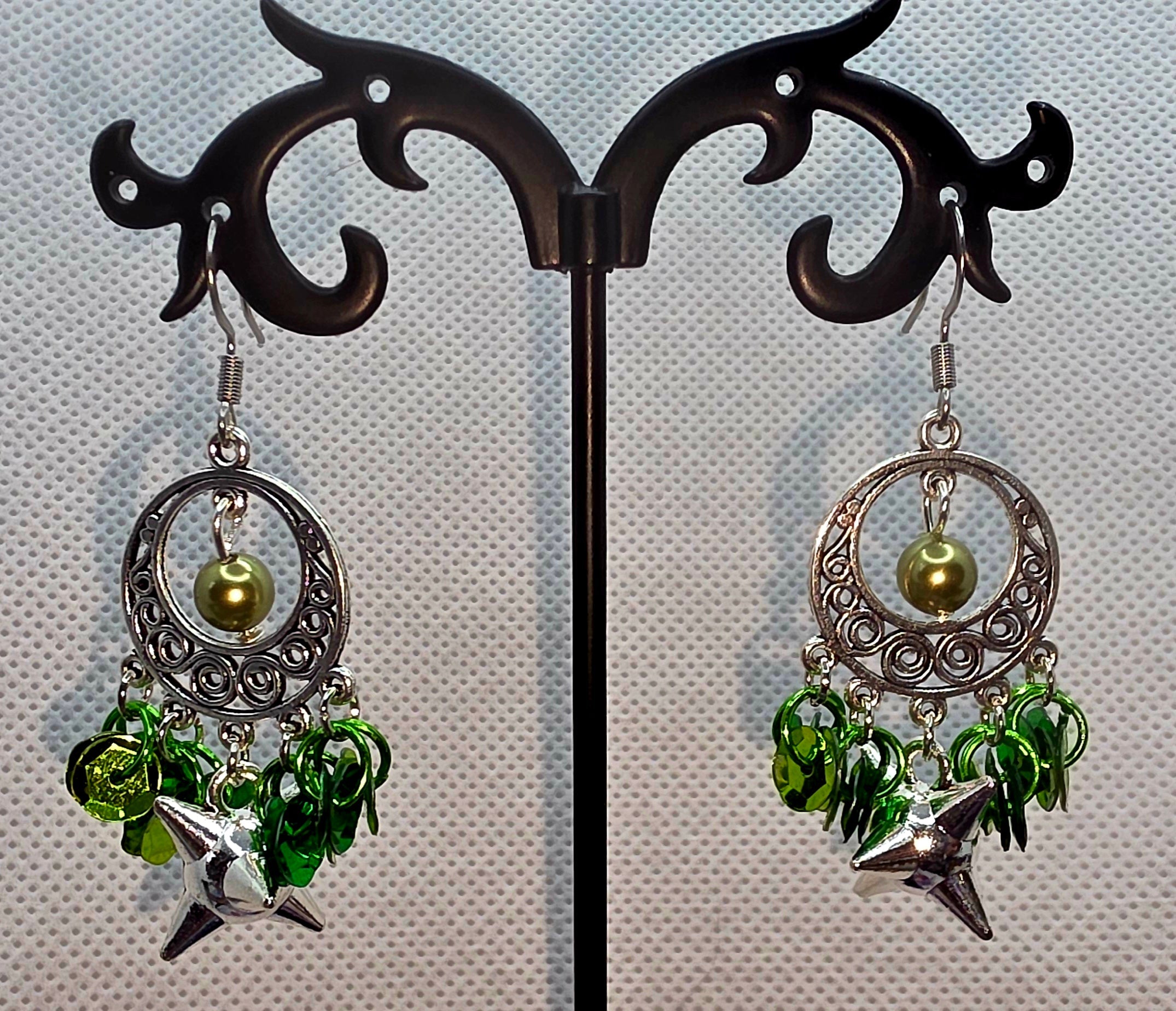 Divine Elegance Green Sequin &amp; Silver Earrings