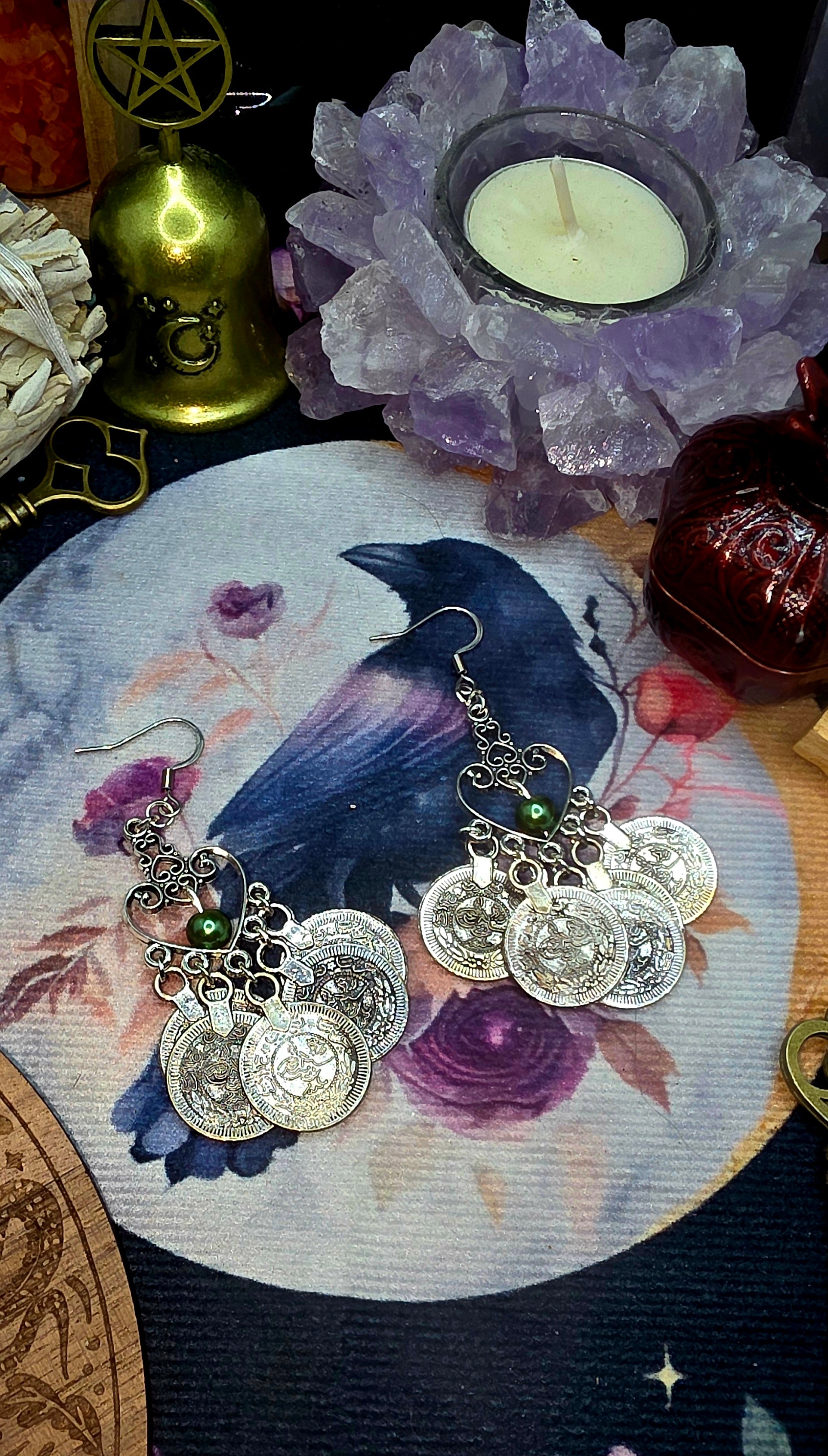 Prosperity Charm Green Bead &amp; Coin Earrings