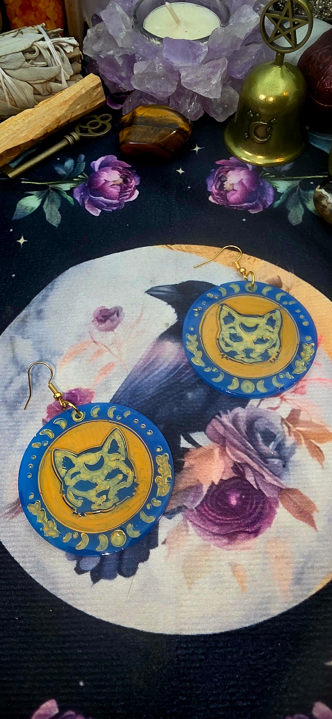Blue and Gold Mystic Cat Disc Earrings