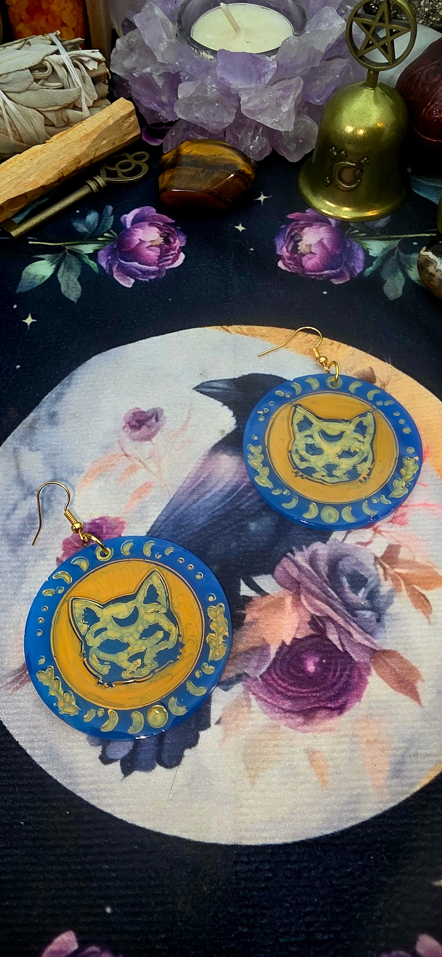 Blue and Gold Mystic Cat Disc Earrings