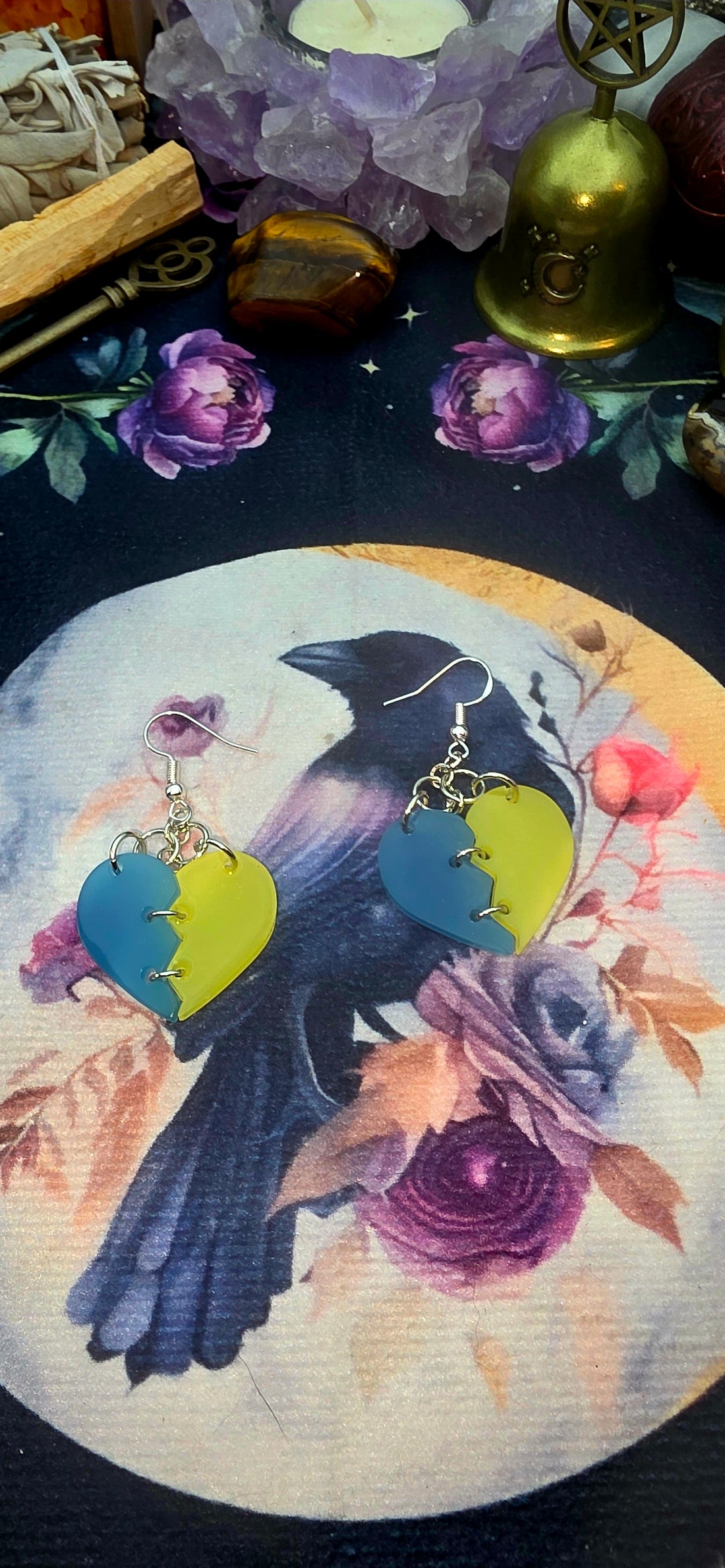 Stitched Resin Heart Earrings - Blue &amp; Yellow