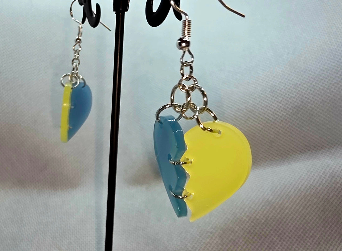 Stitched Resin Heart Earrings - Blue &amp; Yellow