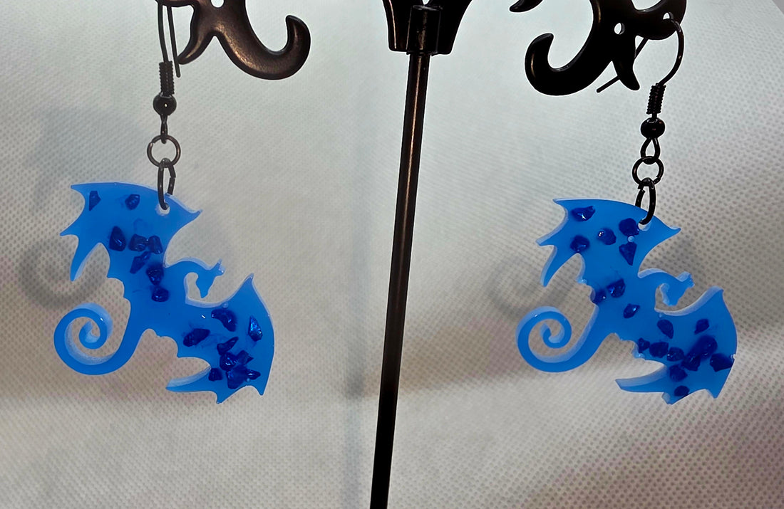 Blue Sparkly Dragon Earrings