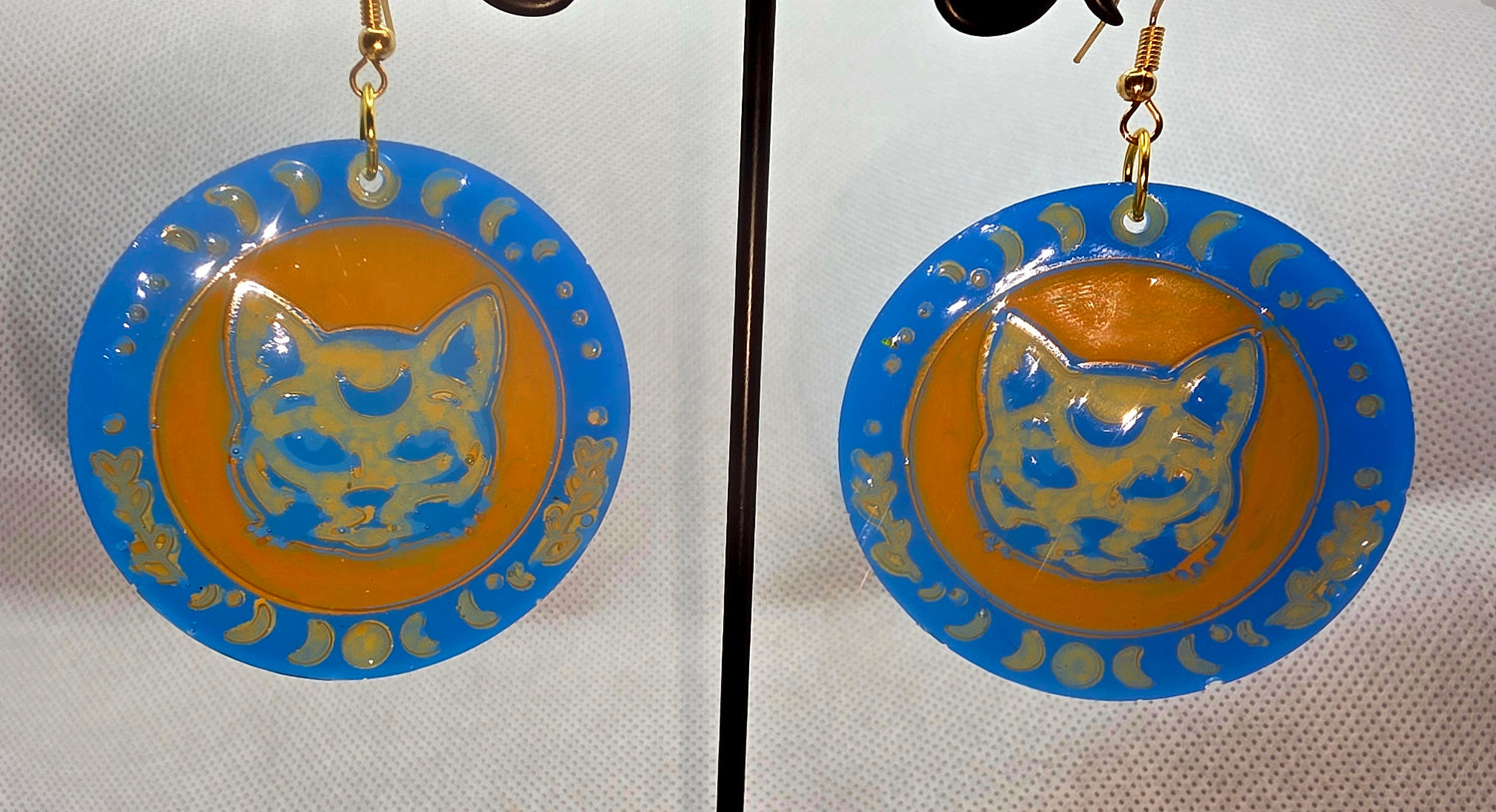 Blue and Gold Mystic Cat Disc Earrings