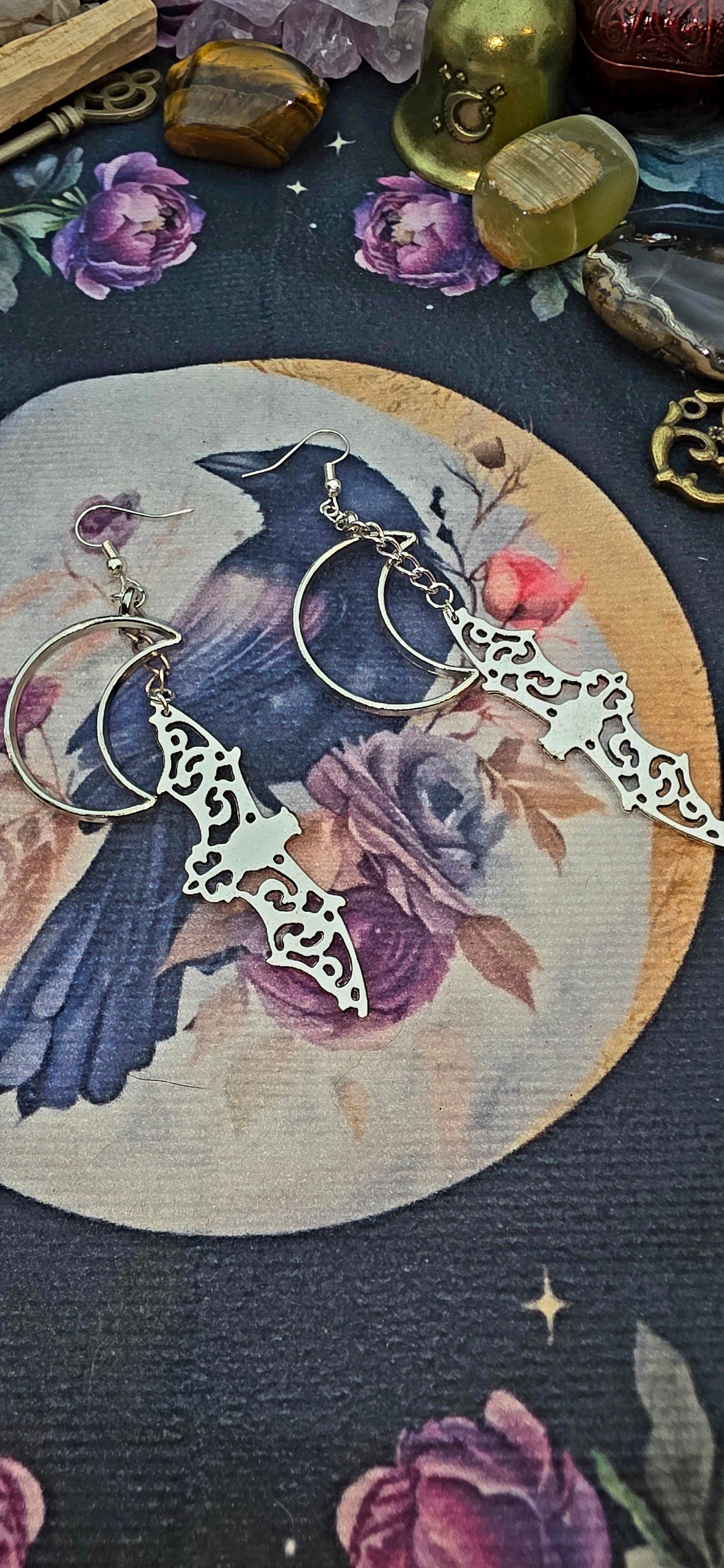 Silver Moon and Bat Earrings