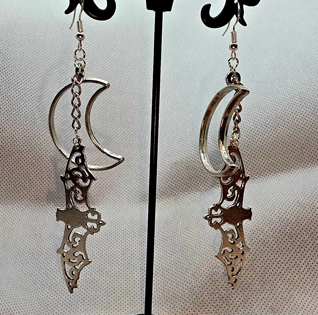 Silver Moon and Bat Earrings
