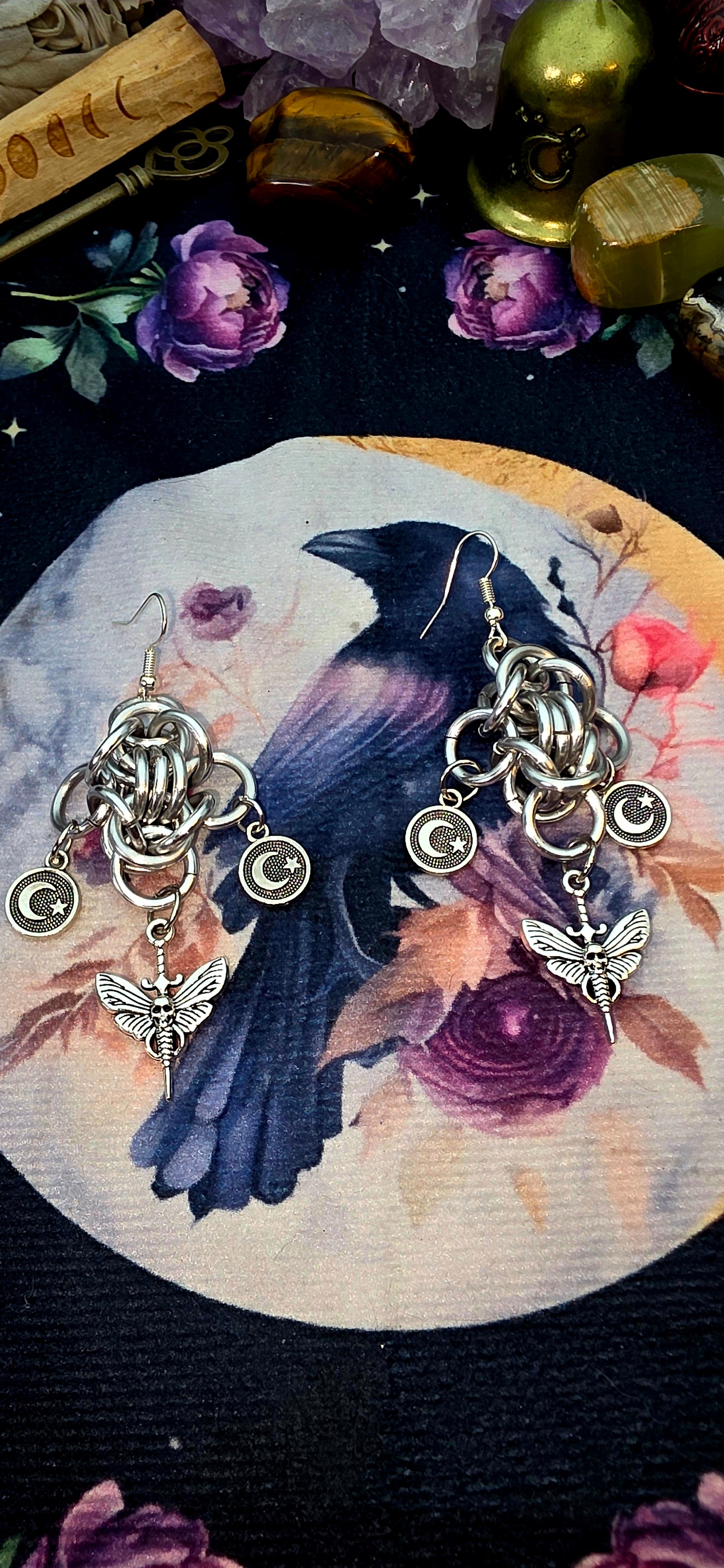 Mystical Moth &amp; Moon Chainmail Earrings