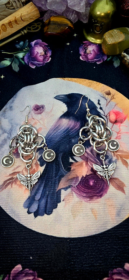 Mystical Moth &amp; Moon Chainmail Earrings