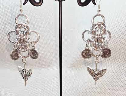 Mystical Moth &amp; Moon Chainmail Earrings